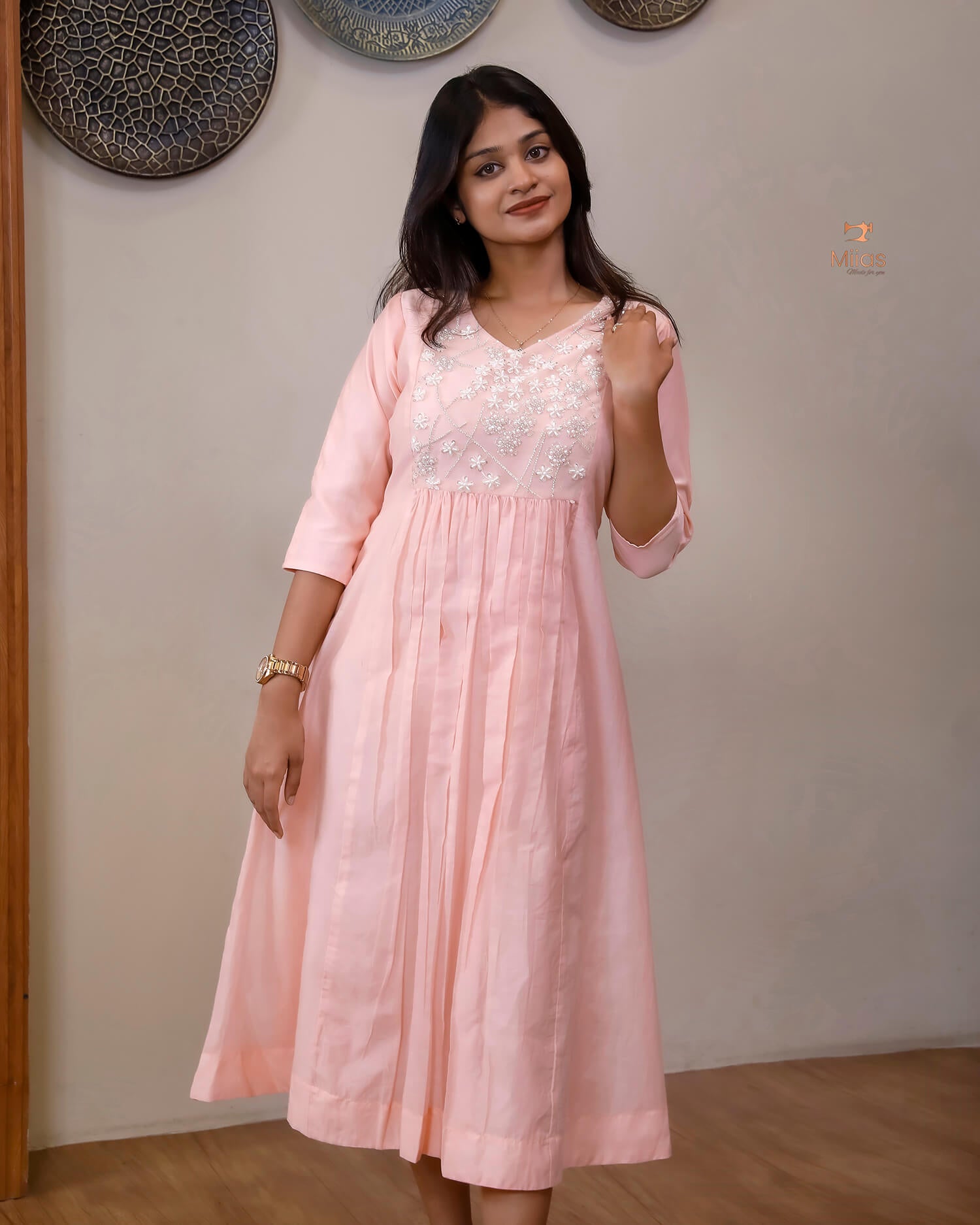 Mul Chanderi Kurti Dress with Beaded Yoke & Pleats-Peach