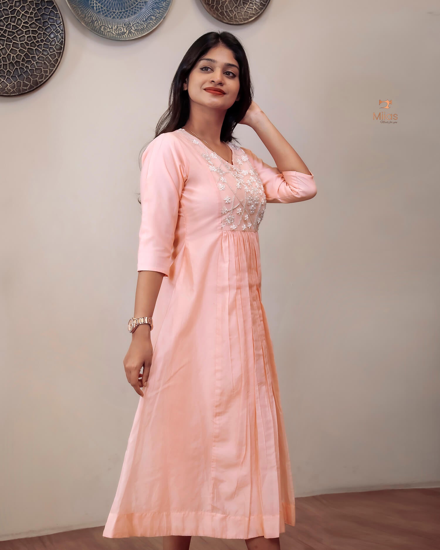 Mul Chanderi Kurti Dress with Beaded Yoke & Pleats-Peach