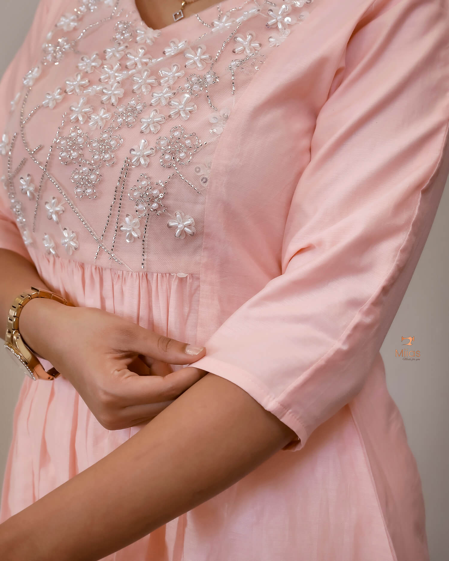 Mul Chanderi Kurti Dress with Beaded Yoke & Pleats-Peach