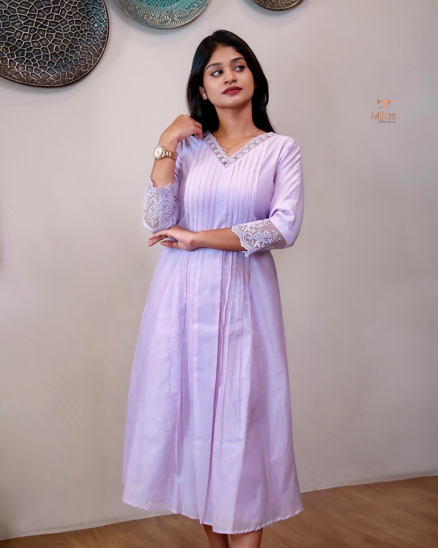 Mul Chanderi Elegant Kurti with Pleats & Lace-Bright Lavender