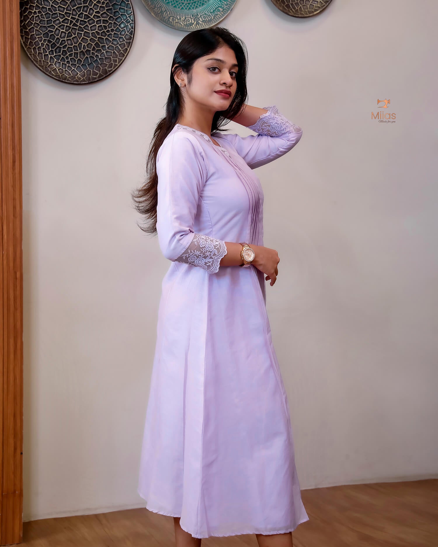 Mul Chanderi Elegant Kurti with Pleats & Lace-Bright Lavender