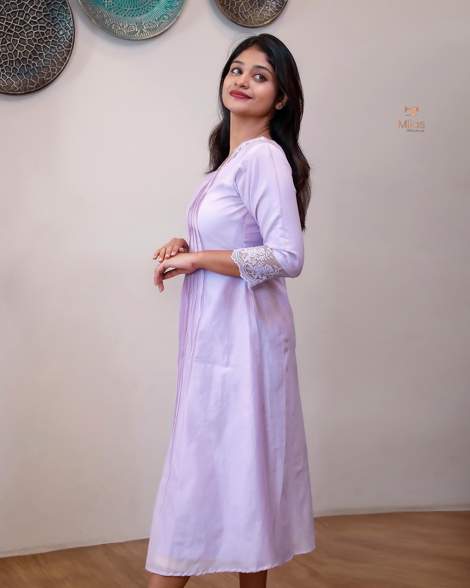 Mul Chanderi Elegant Kurti with Pleats & Lace-Bright Lavender