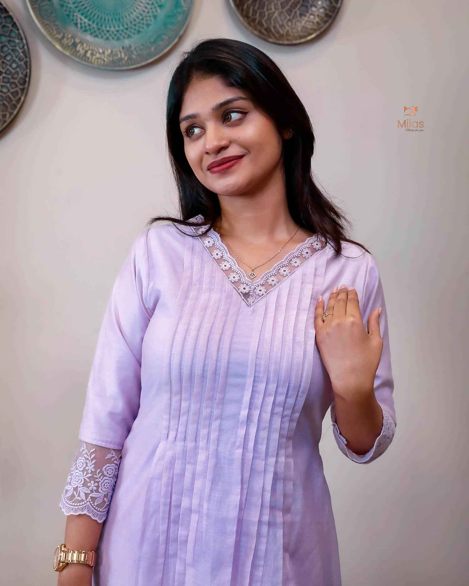 Mul Chanderi Elegant Kurti with Pleats & Lace-Bright Lavender