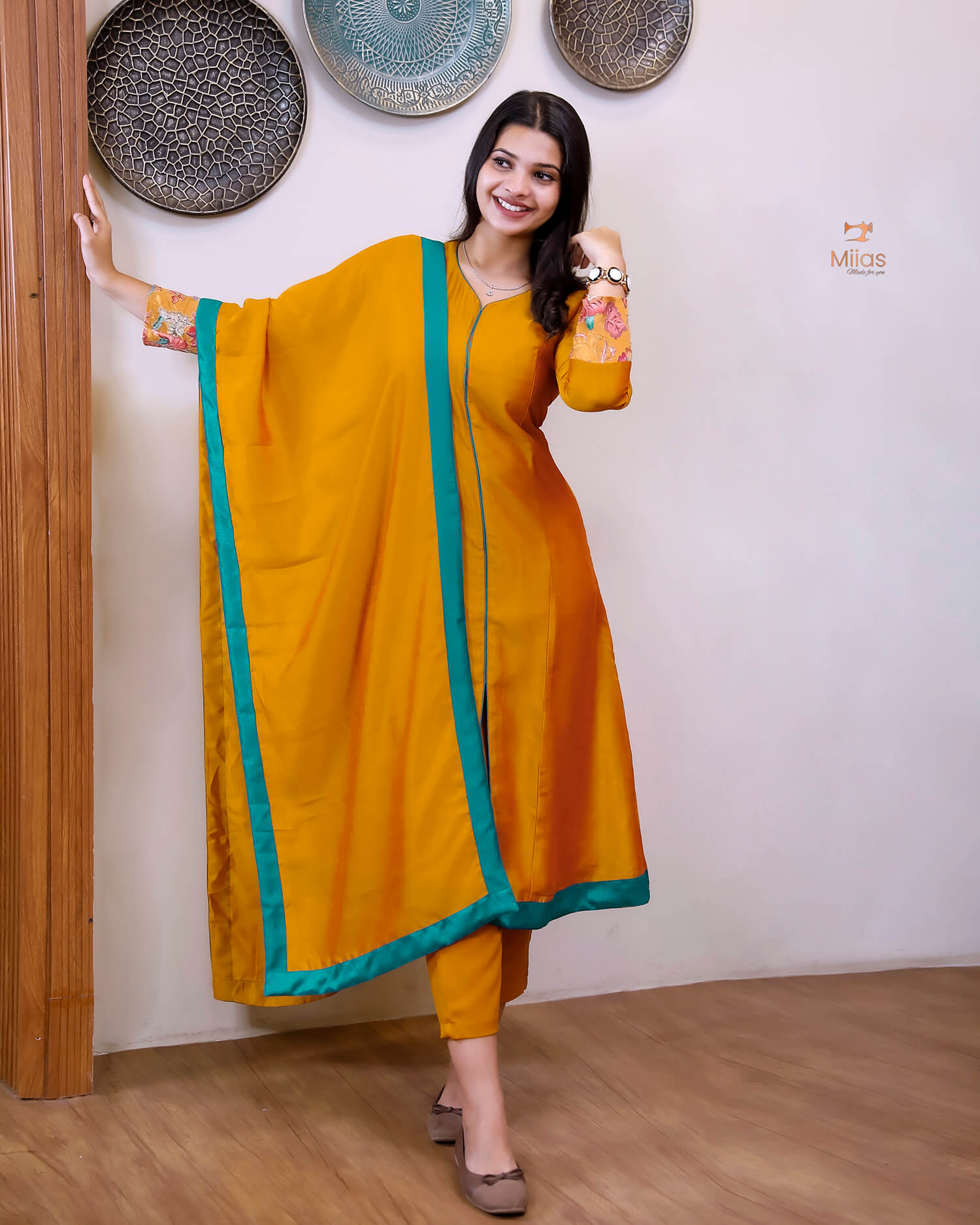 Vichitra Silk Three Piece Set: Embroidered Sleeves & Dupatta-Mustard yellow
