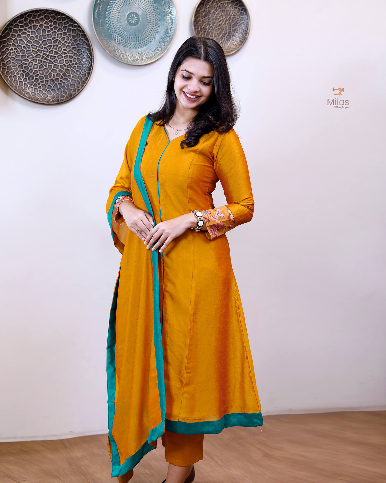 Vichitra Silk Three Piece Set: Embroidered Sleeves & Dupatta-Mustard yellow