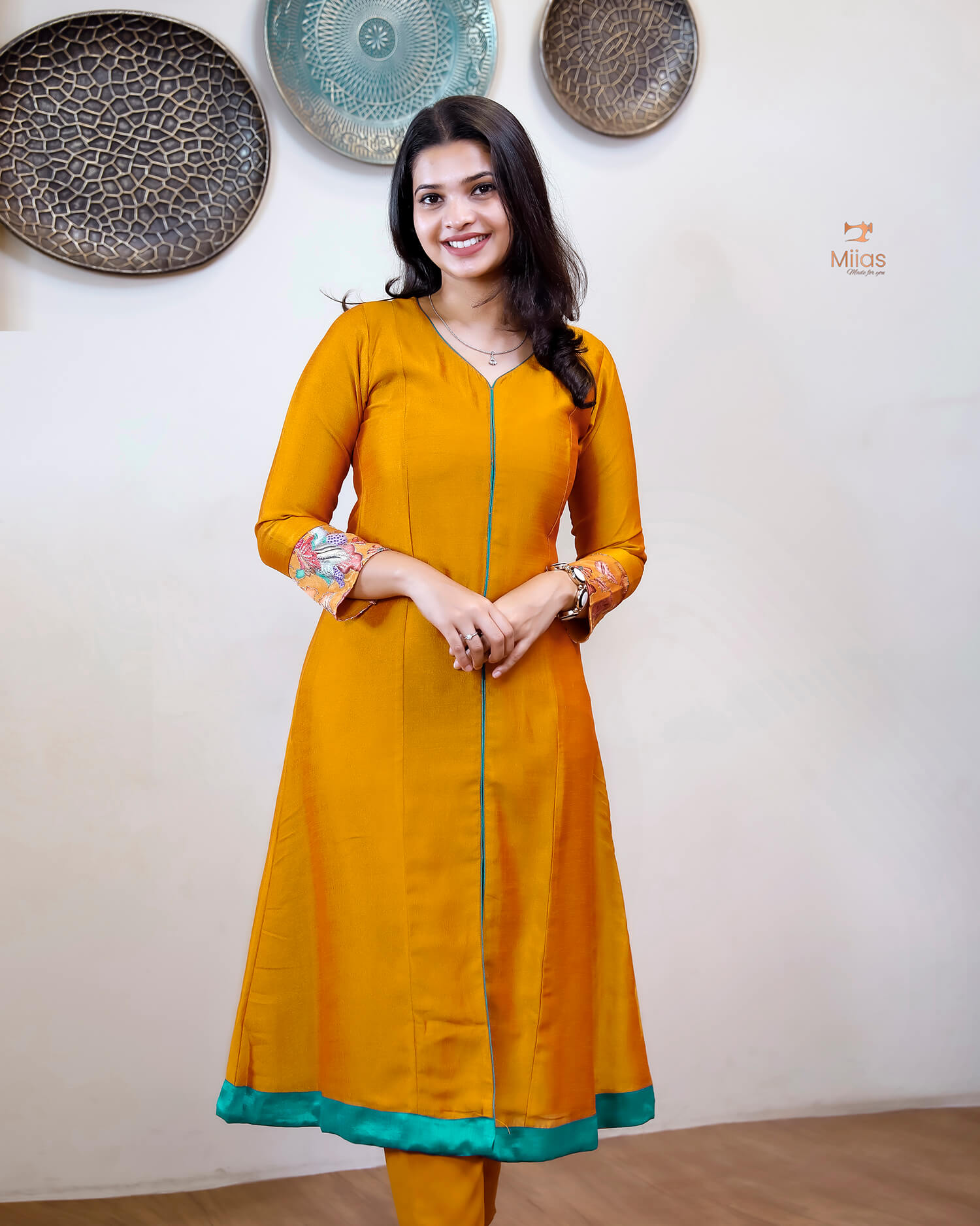 Vichitra Silk Three Piece Set: Embroidered Sleeves & Dupatta-Mustard yellow
