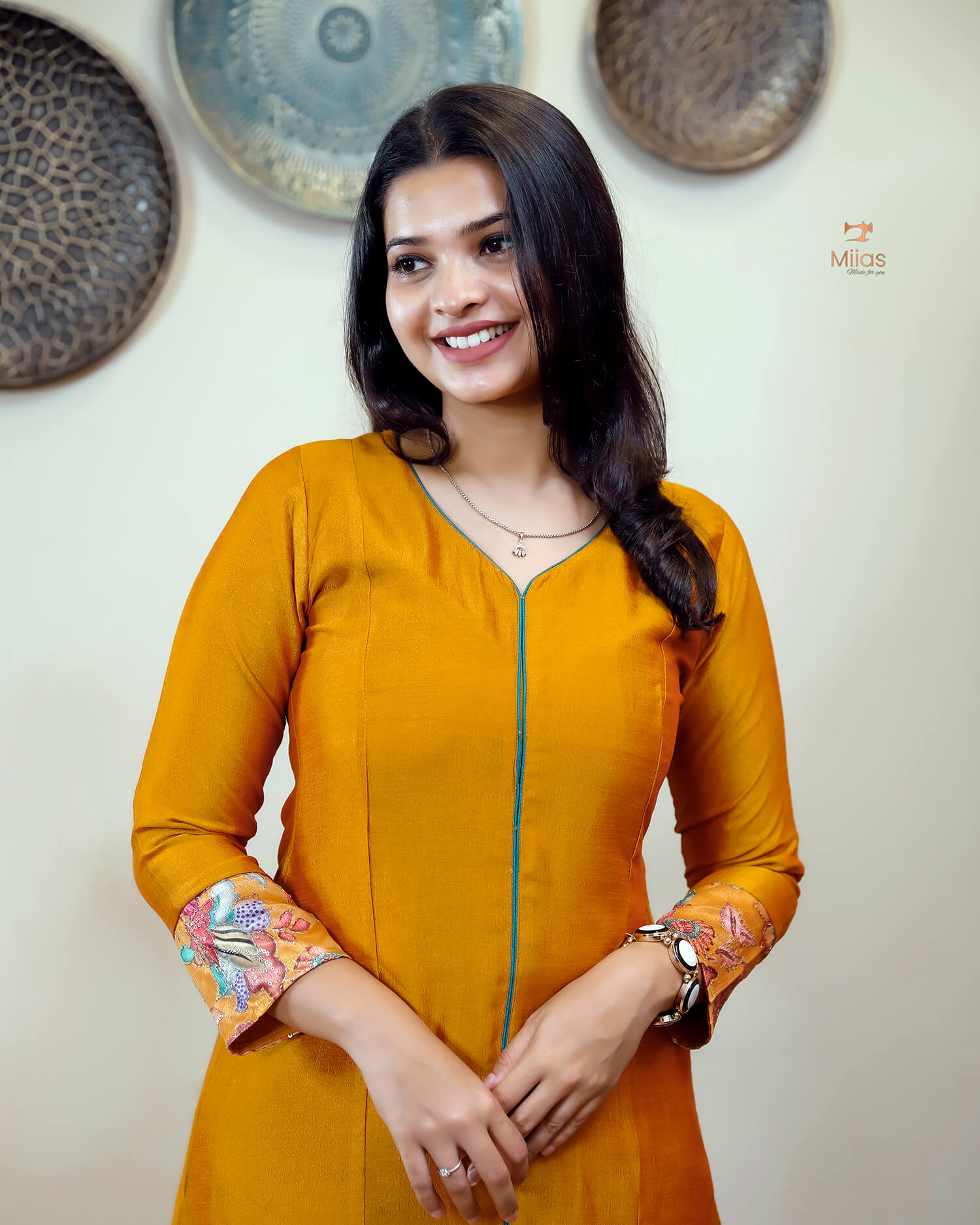 Vichitra Silk Three Piece Set: Embroidered Sleeves & Dupatta-Mustard yellow