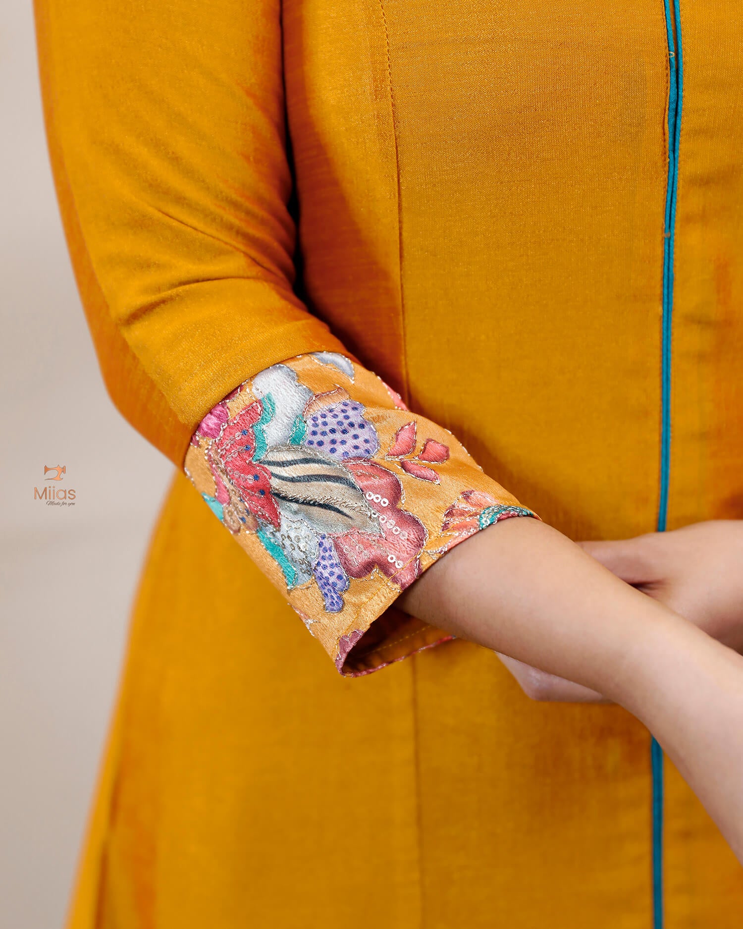 Vichitra Silk Three Piece Set: Embroidered Sleeves & Dupatta-Mustard yellow
