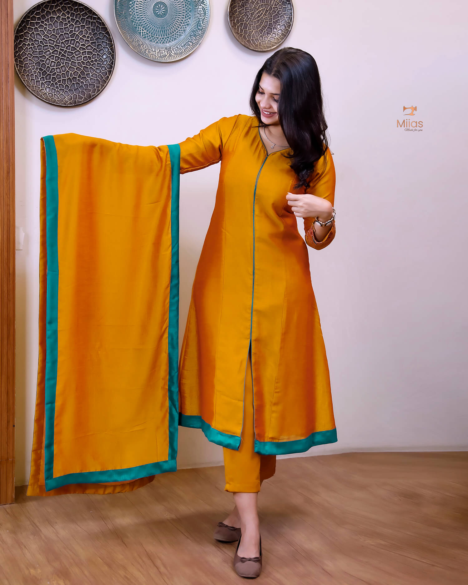 Vichitra Silk Three Piece Set: Embroidered Sleeves & Dupatta-Mustard yellow