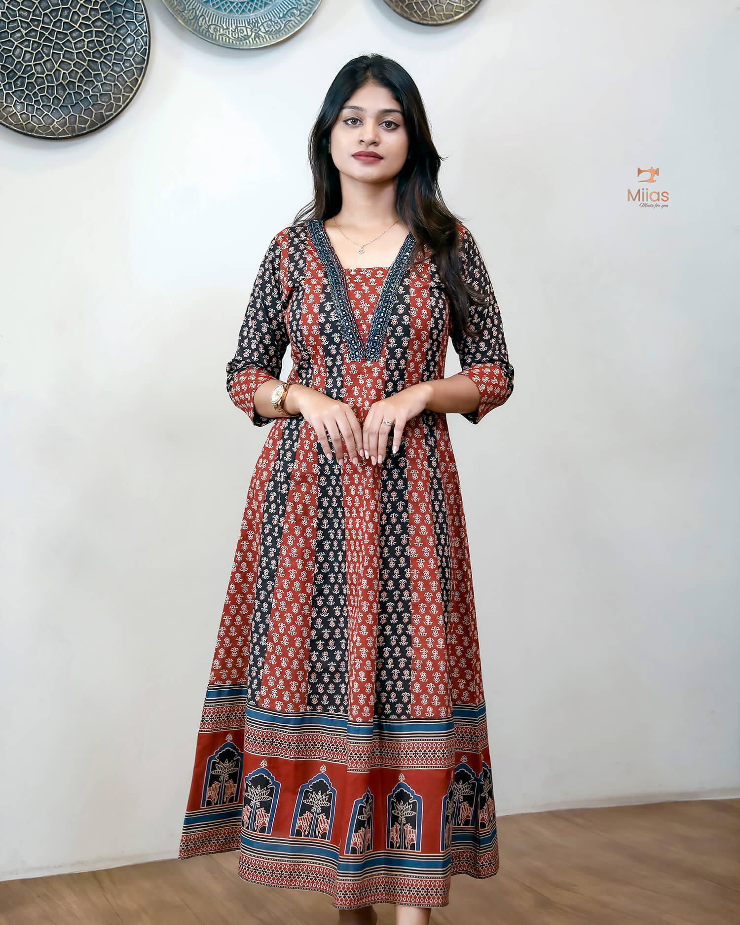 Ajrakh Kurti | Dual-Tone Panels with Artisan Beadwork & Mirrors-Brick Red