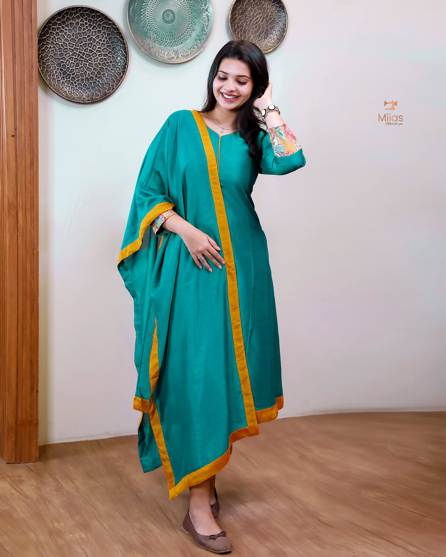 Vichitra Silk Three Piece Set: Embroidered Sleeves & Dupatta-Kingfisher Blue.