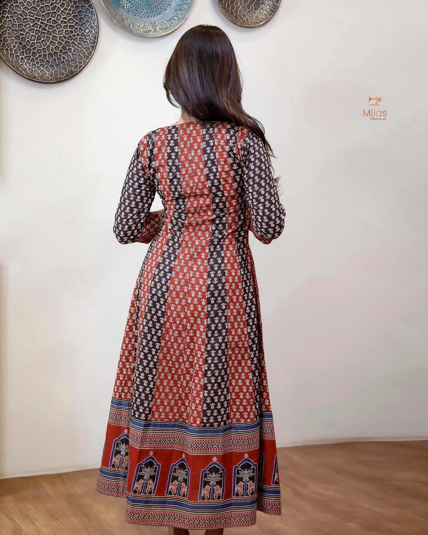 Ajrakh Kurti | Dual-Tone Panels with Artisan Beadwork & Mirrors-Brick Red