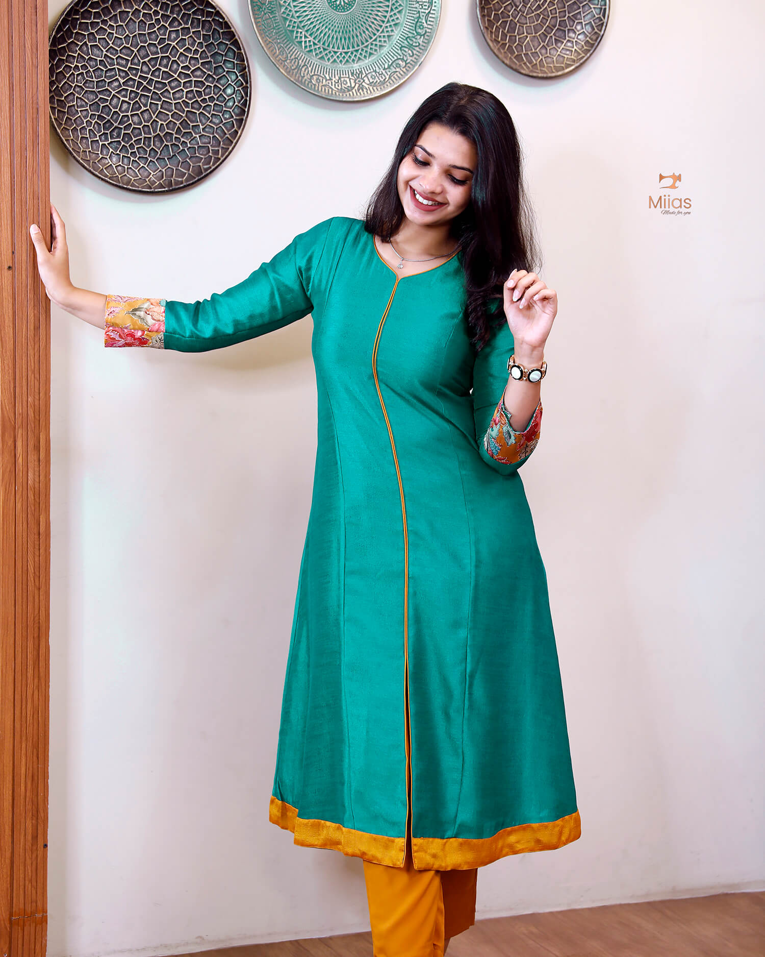 Vichitra Silk Three Piece Set: Embroidered Sleeves & Dupatta-Kingfisher Blue.
