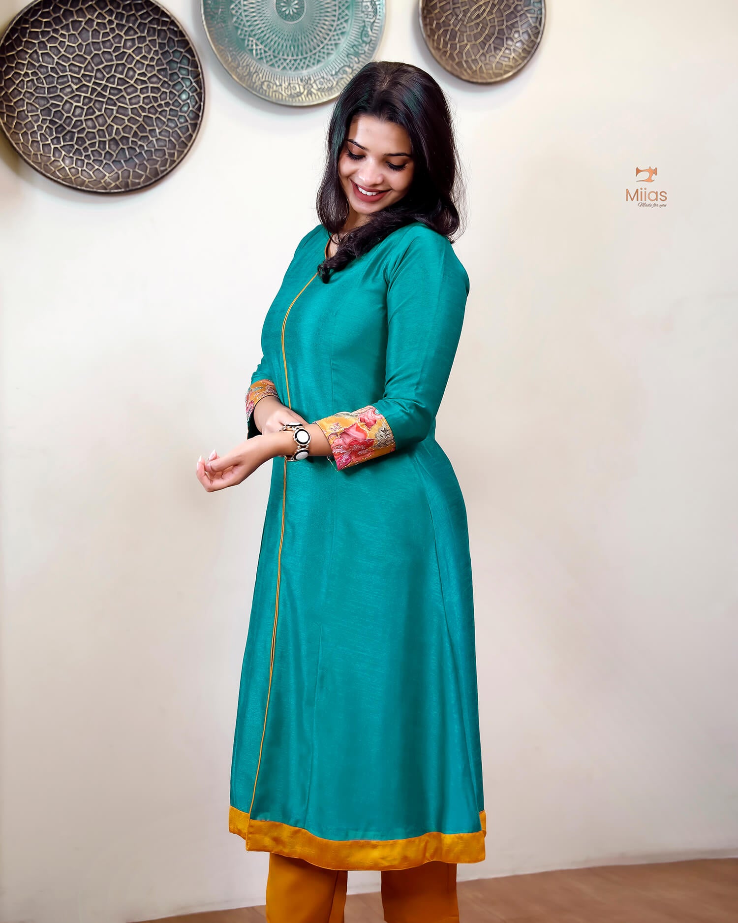 Vichitra Silk Three Piece Set: Embroidered Sleeves & Dupatta-Kingfisher Blue.