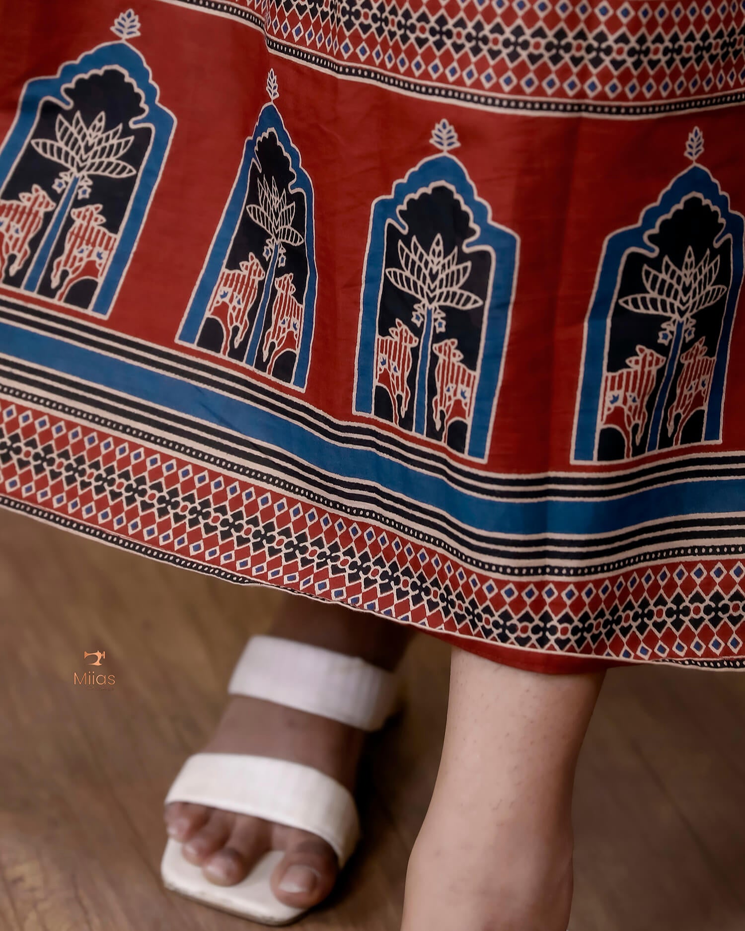 Ajrakh Kurti | Dual-Tone Panels with Artisan Beadwork & Mirrors-Brick Red