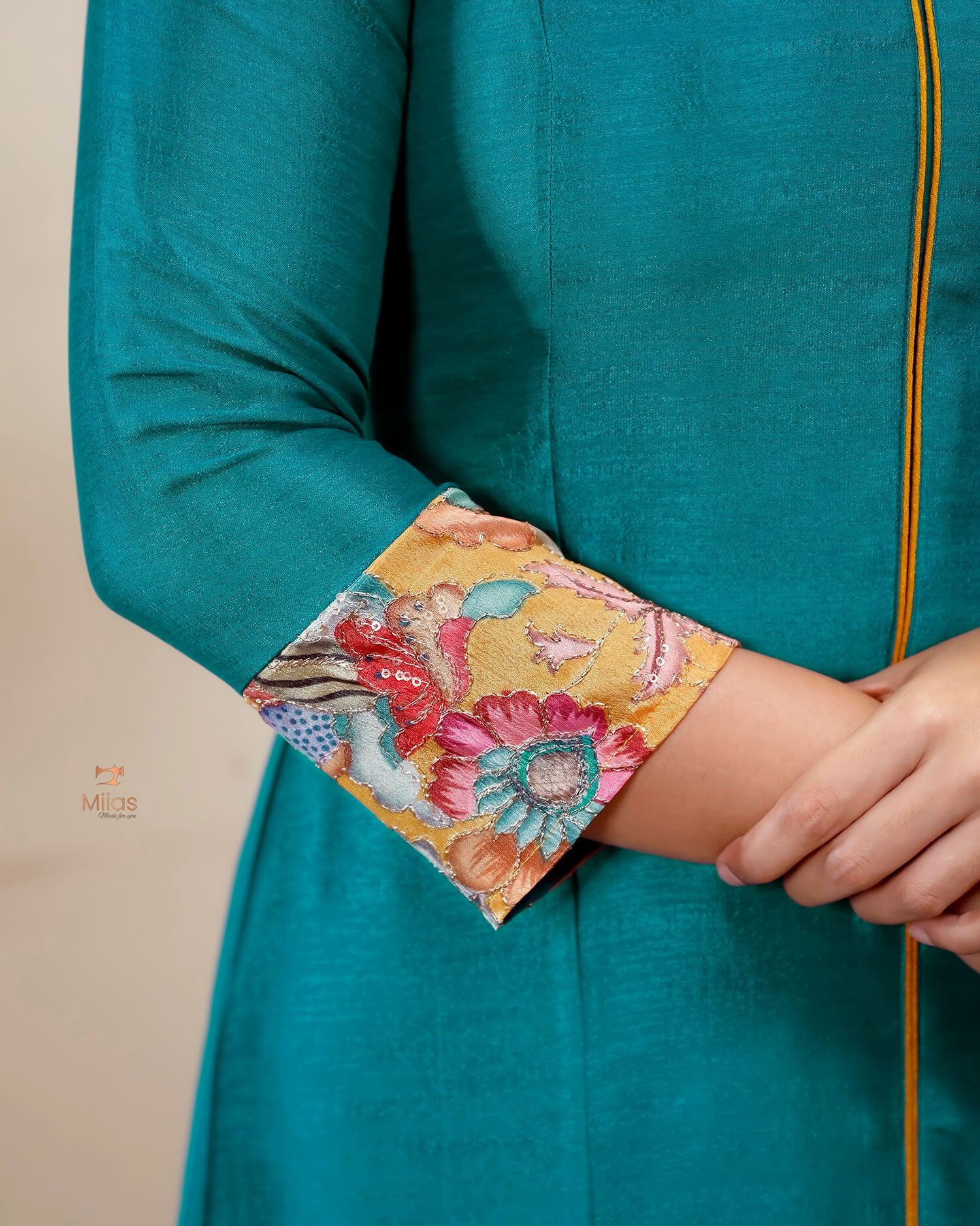 Vichitra Silk Three Piece Set: Embroidered Sleeves & Dupatta-Kingfisher Blue.