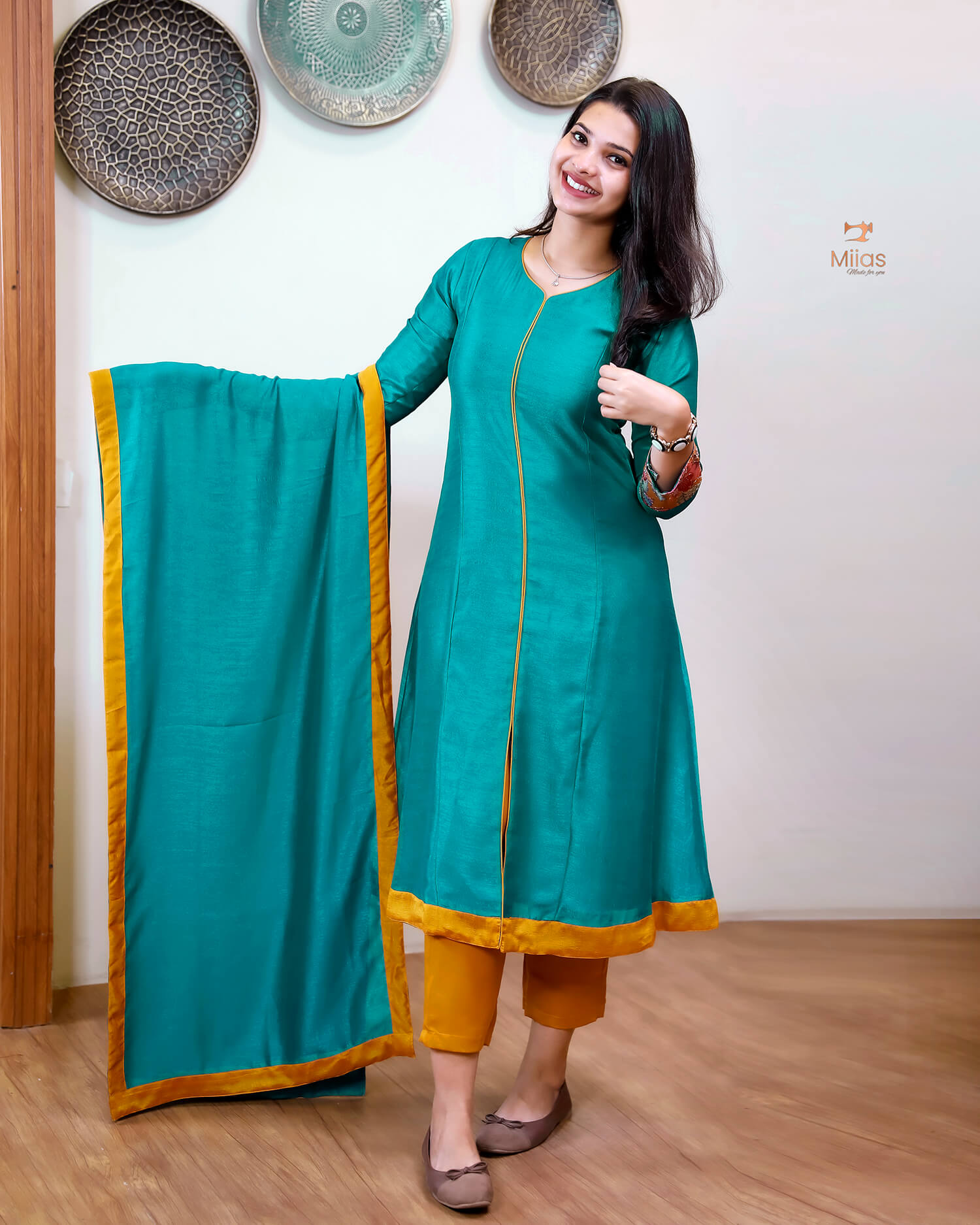 Vichitra Silk Three Piece Set: Embroidered Sleeves & Dupatta-Kingfisher Blue.
