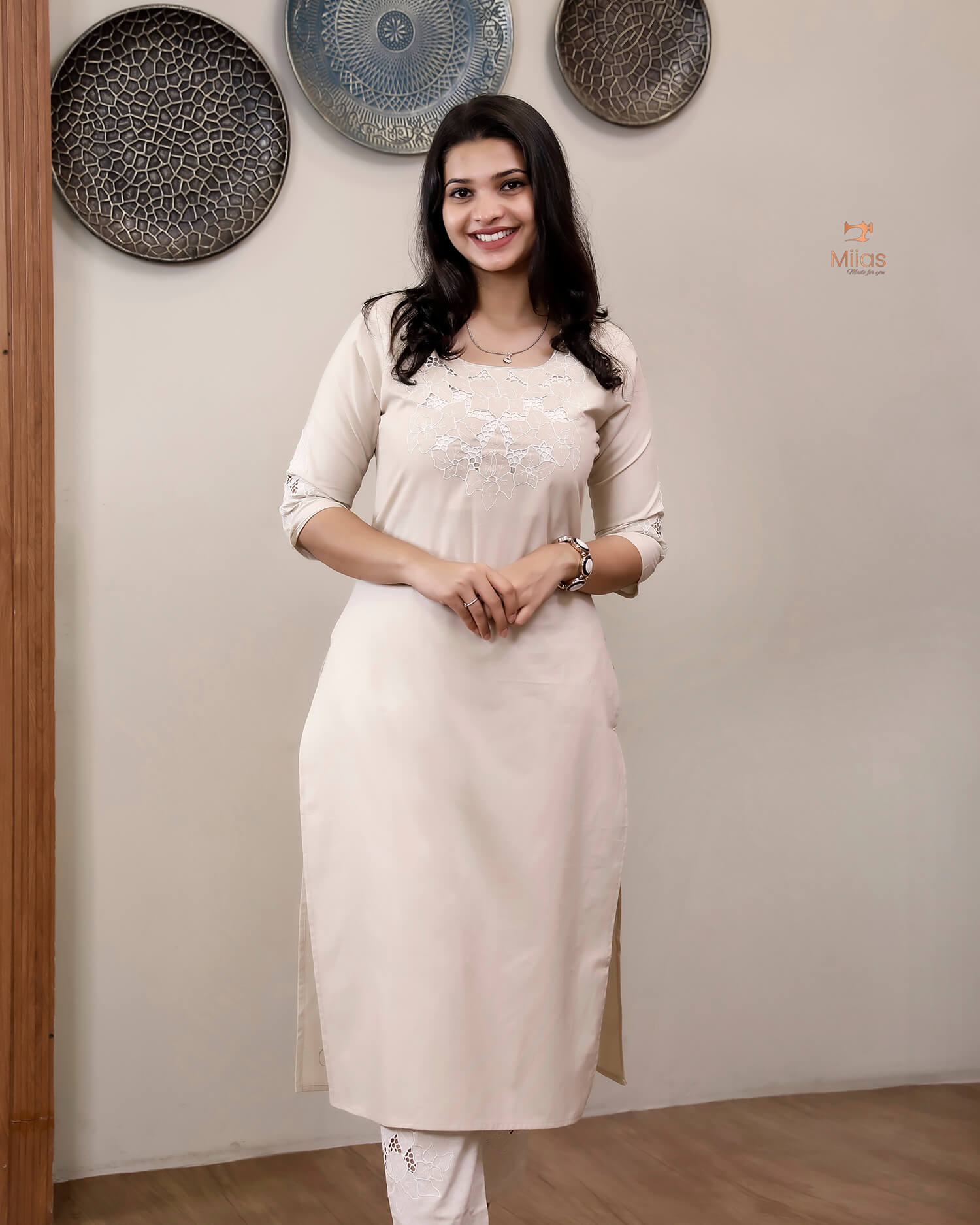 Cotton Co-ord Set: Thread Cut Work Top & Side Pocket Pants-Cream