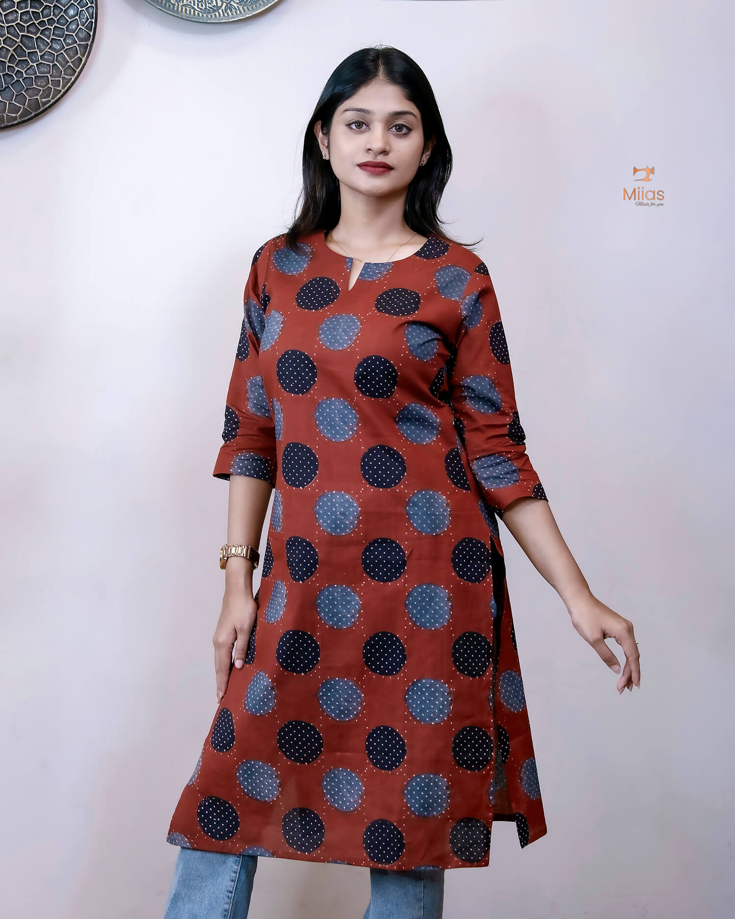 Cotton Ajrakh Short Top - 40" Versatile Tunic/Dress-Brick Red.