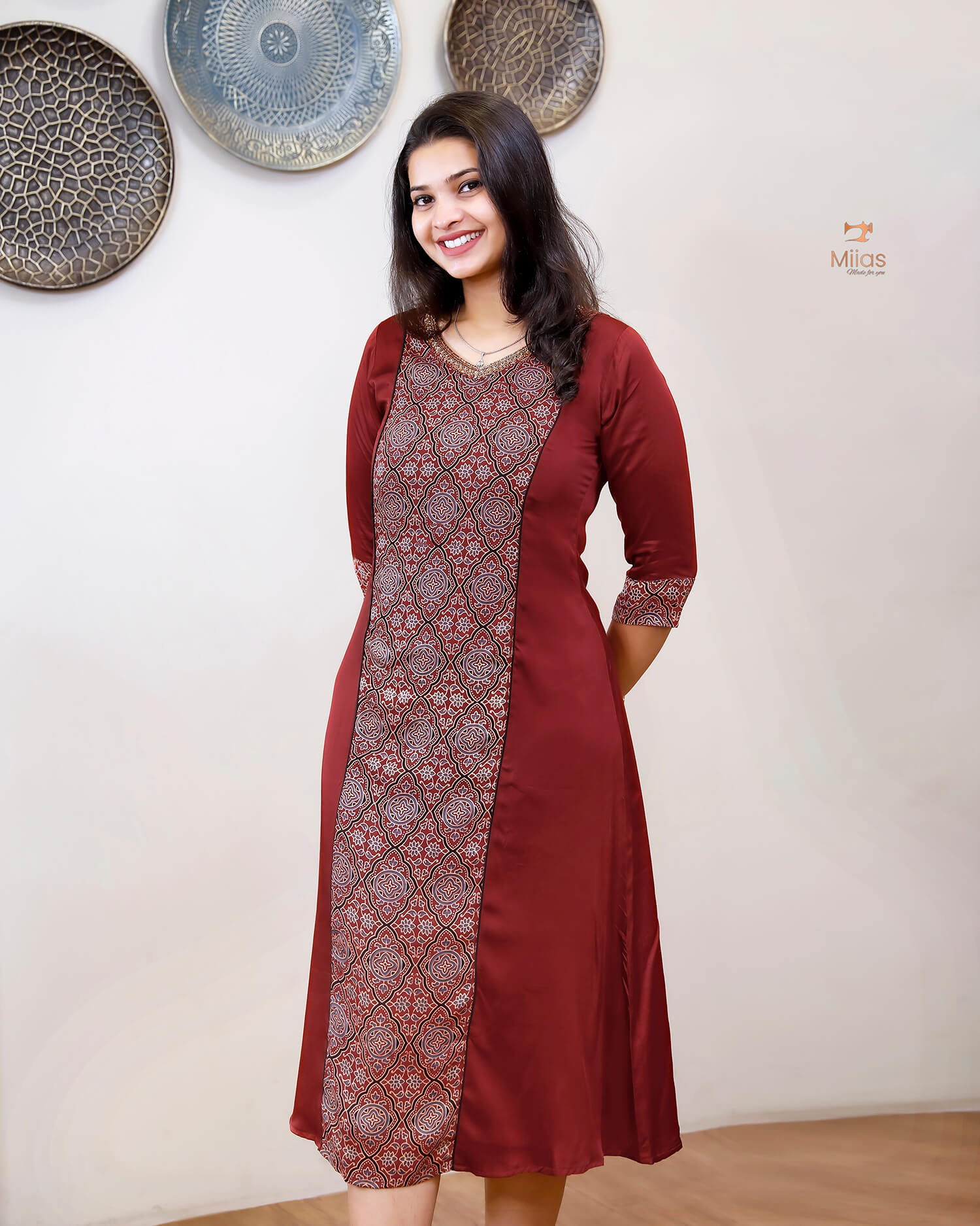 Modal Silk 3 Panel Kurti w/ Beaded Handwork Neck-Red