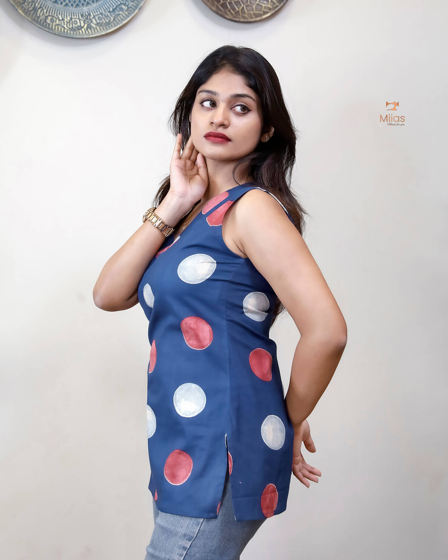 Ajrakh Cotton Sleeveless Top: Modern V-Neck-Blue