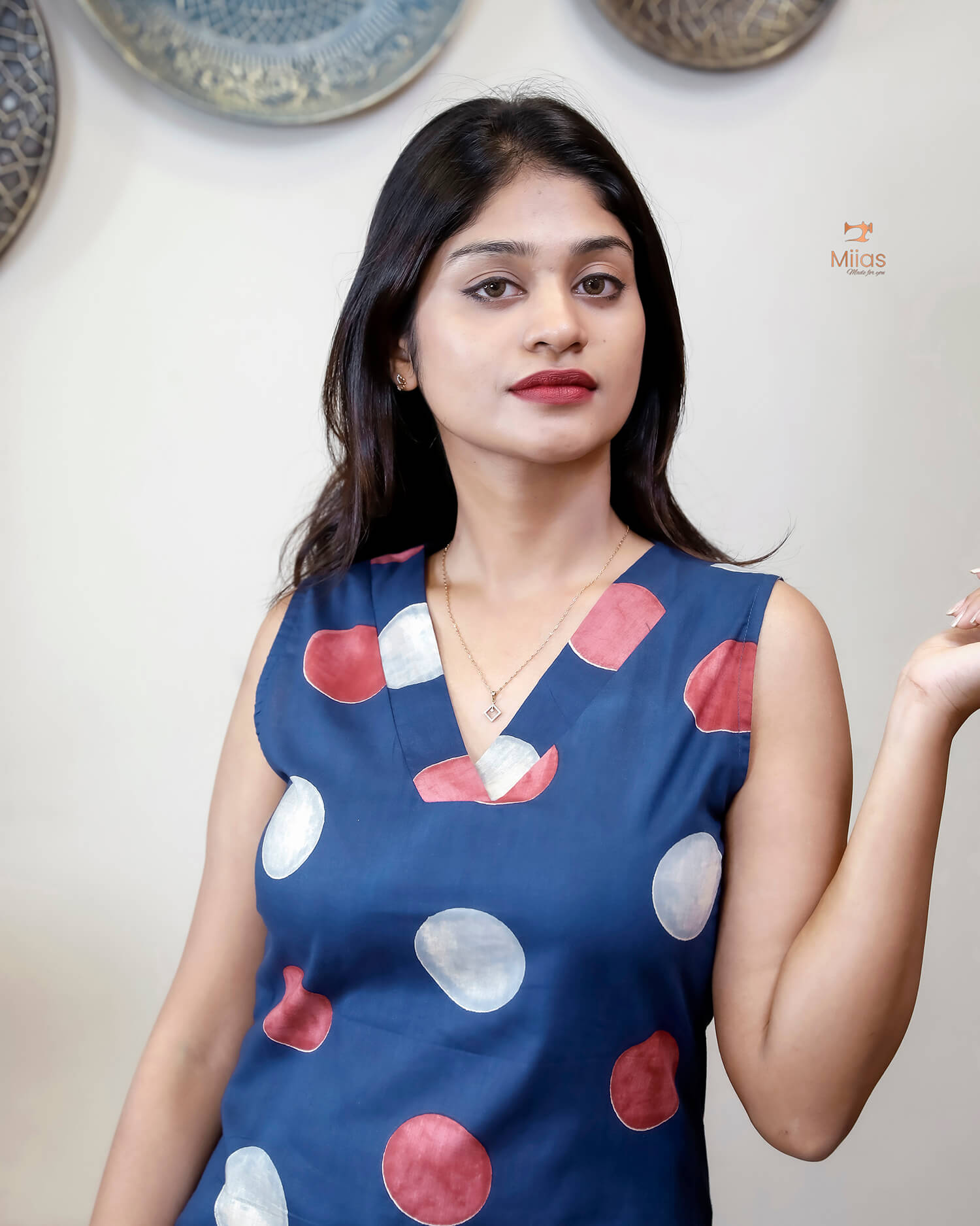 Ajrakh Cotton Sleeveless Top: Modern V-Neck-Blue