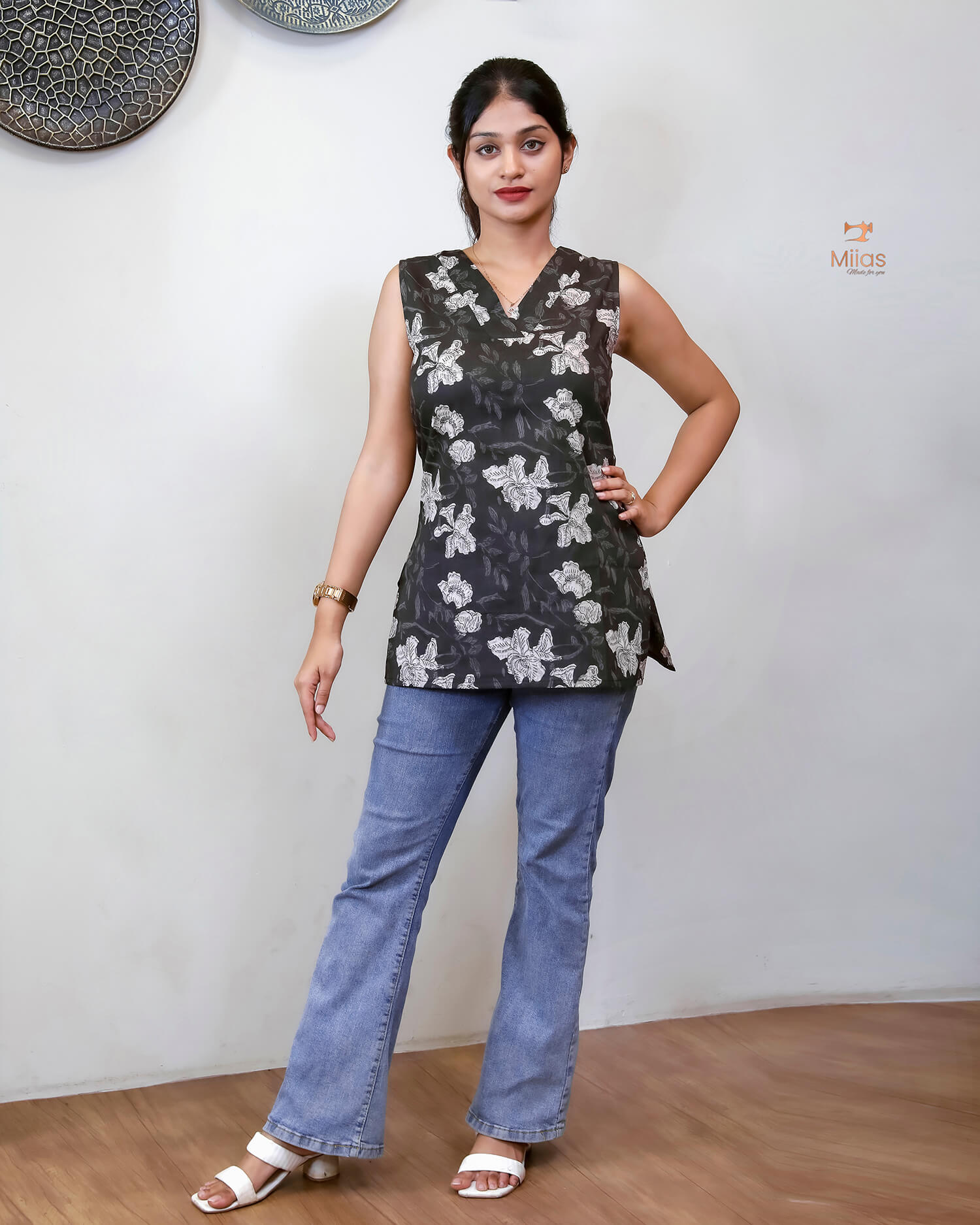 South Cotton Sleeveless Top: Flattering V-Neck Tee-Elephant Grey.