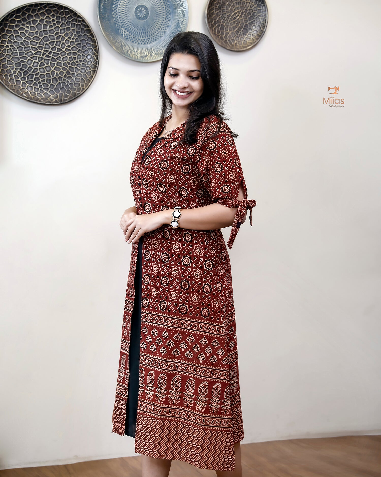 Cotton Ajrakh Printed Set with Potli Button Detail-Brick Red