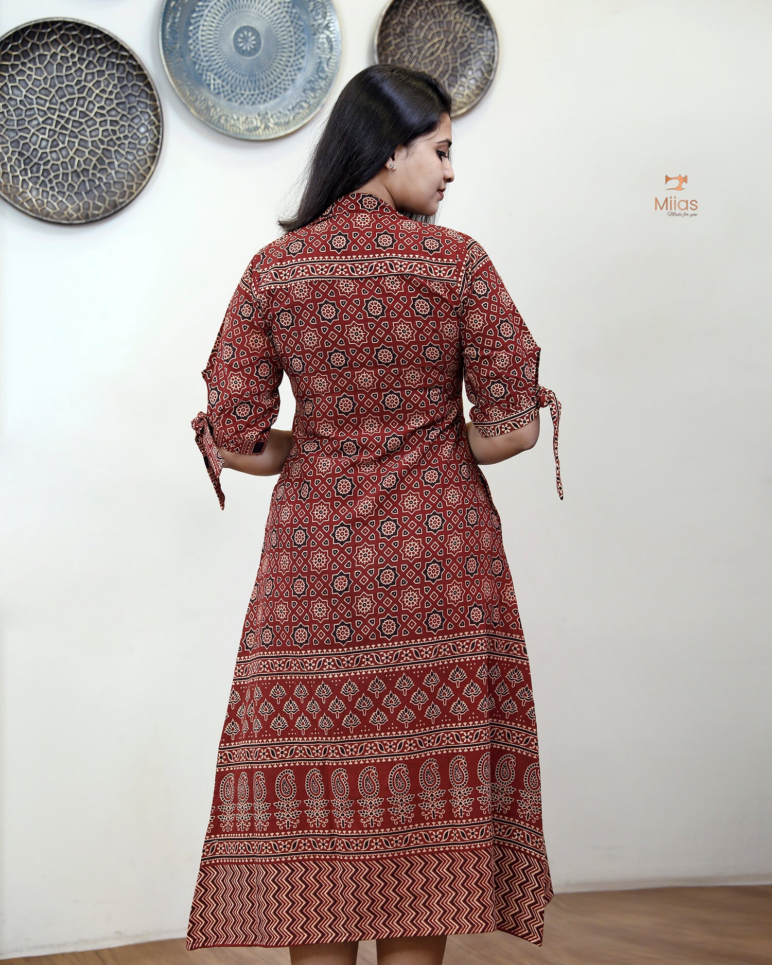 Cotton Ajrakh Printed Set with Potli Button Detail-Brick Red