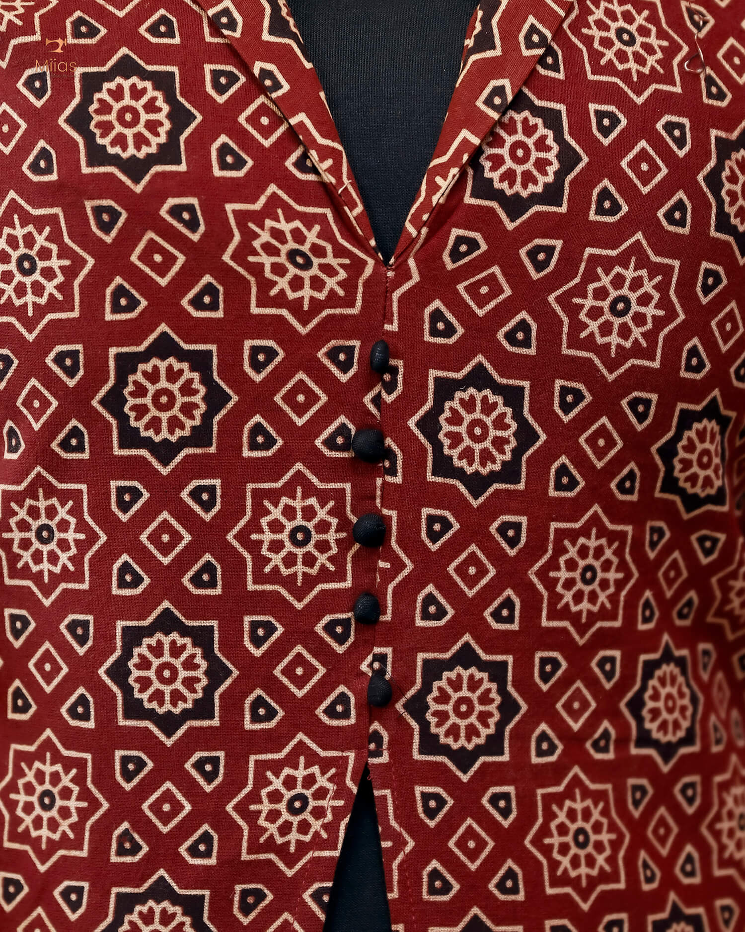 Cotton Ajrakh Printed Set with Potli Button Detail-Brick Red