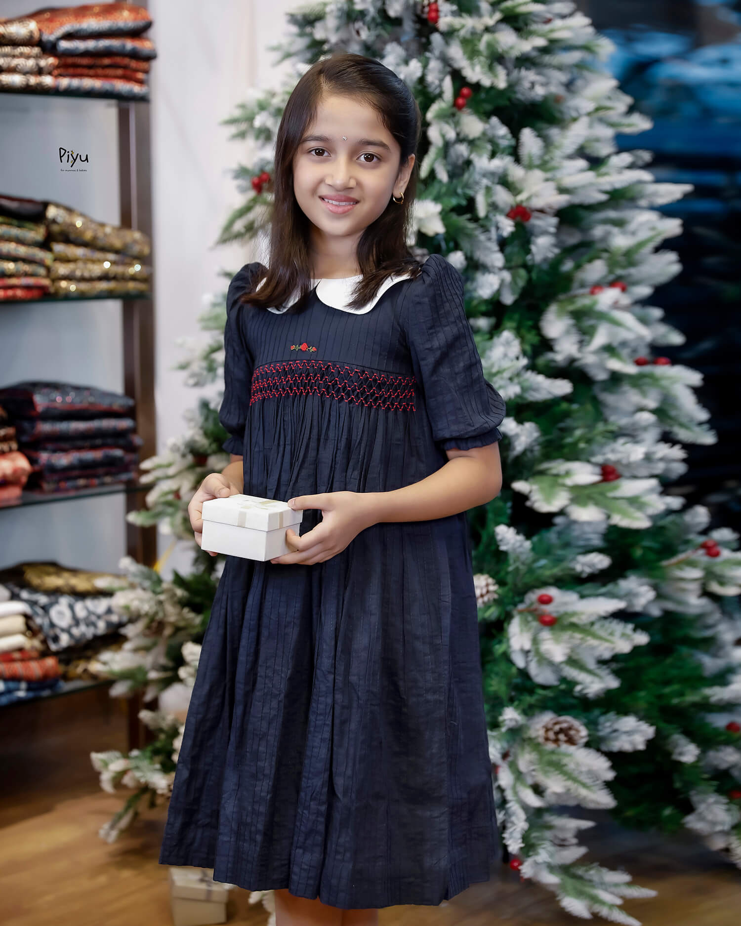 Pintuck Peter Pan Dress - Navy & Red Smocked