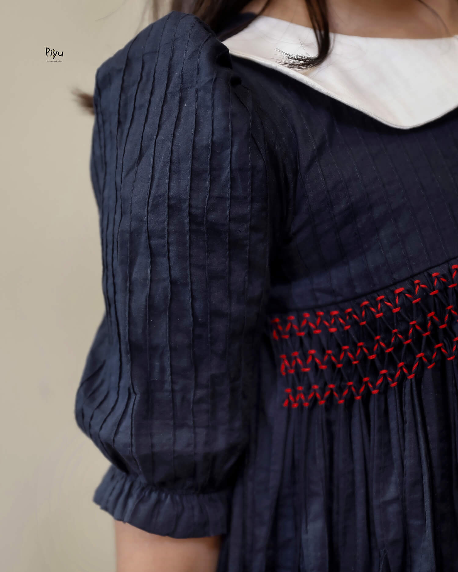 Pintuck Peter Pan Dress - Navy & Red Smocked