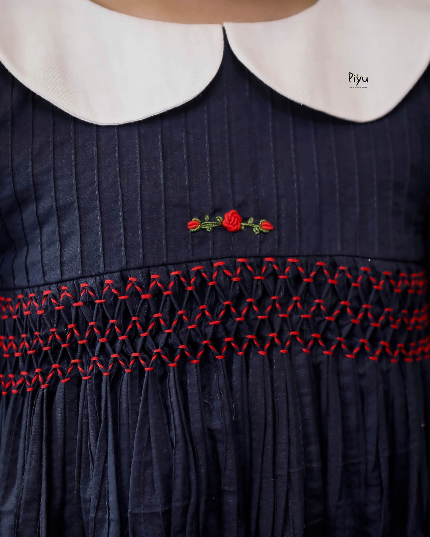 Pintuck Peter Pan Dress - Navy & Red Smocked