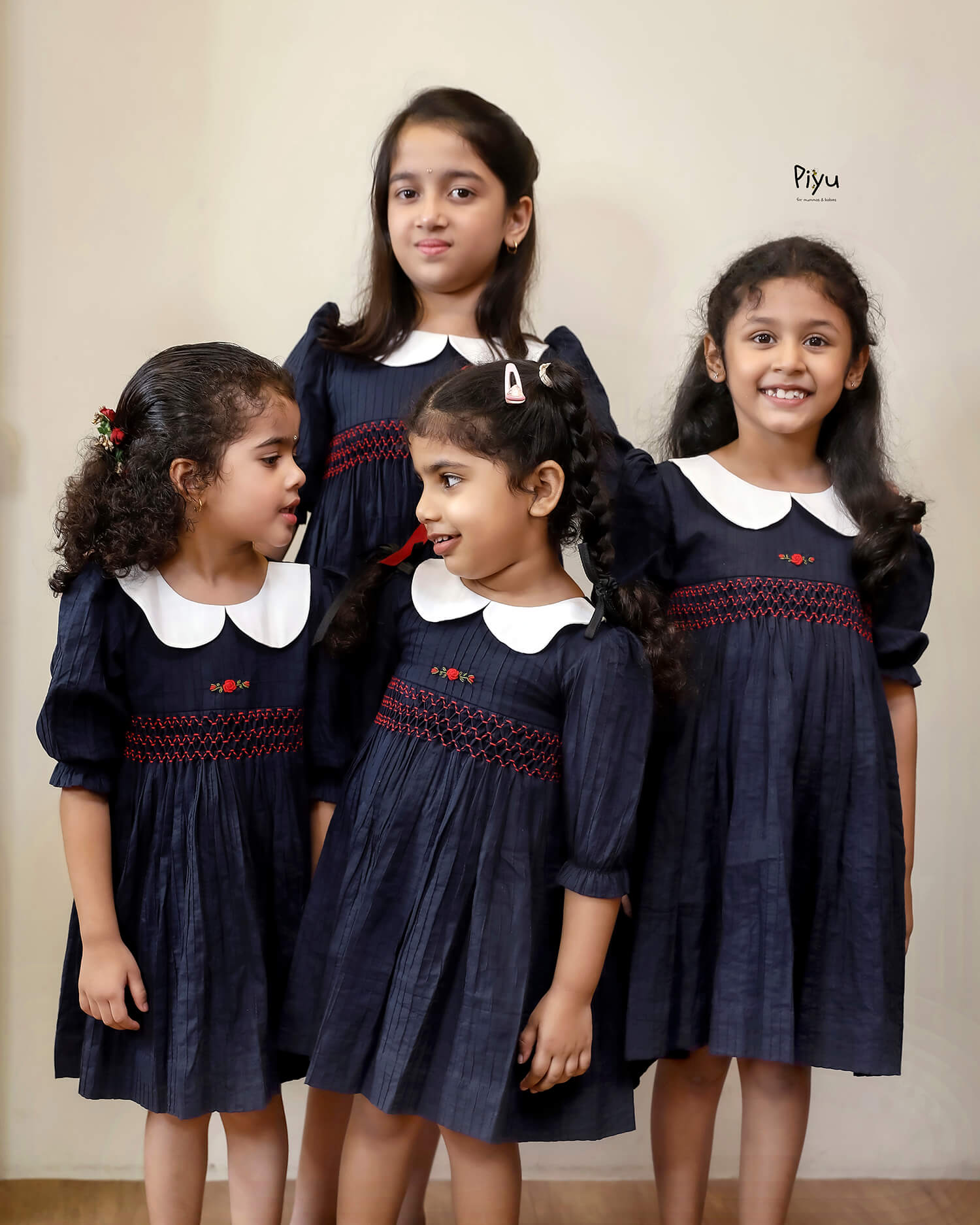 Pintuck Peter Pan Dress - Navy & Red Smocked