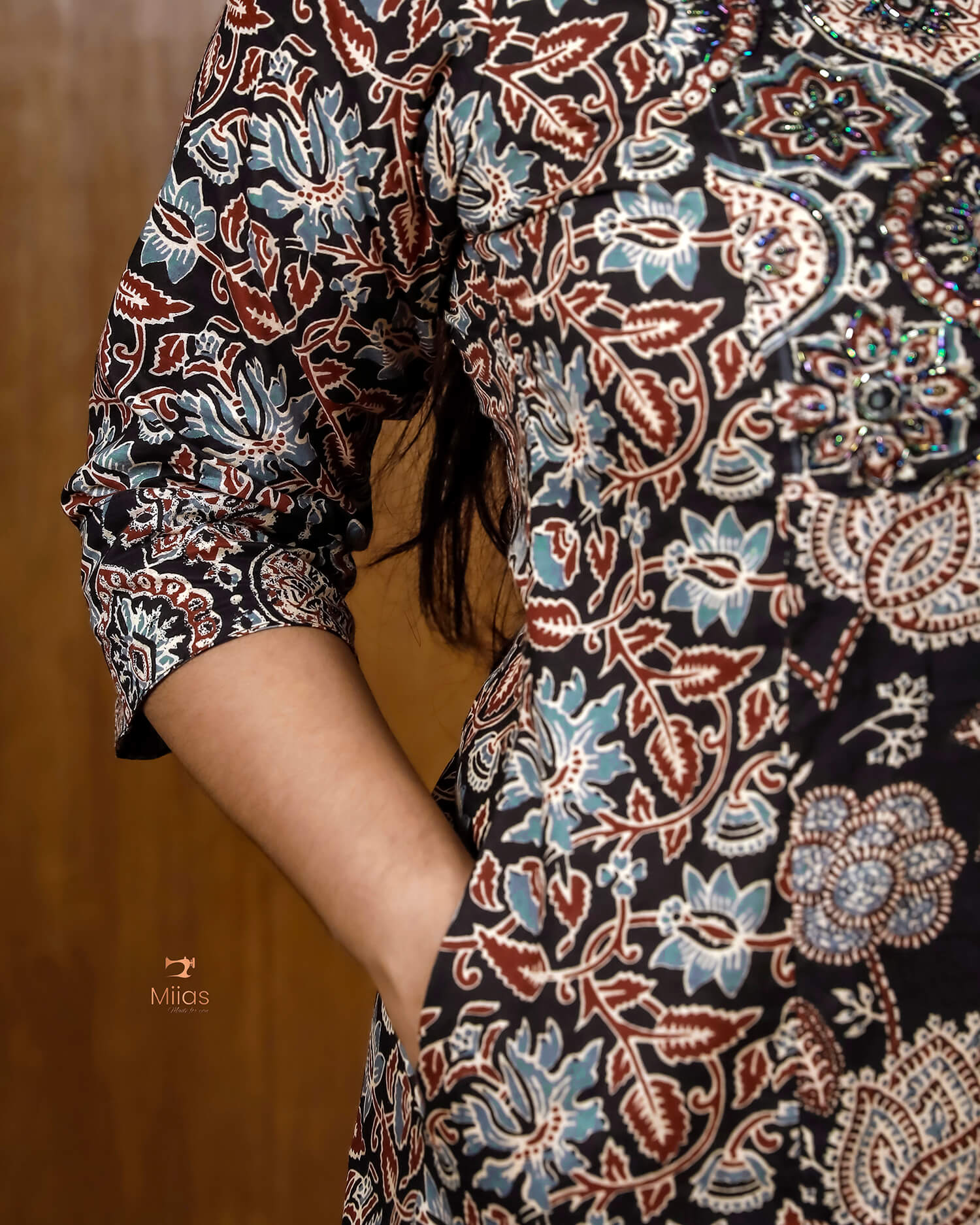 Printed Cotton 3-Panel Kurti with Mirror Work & Pocket