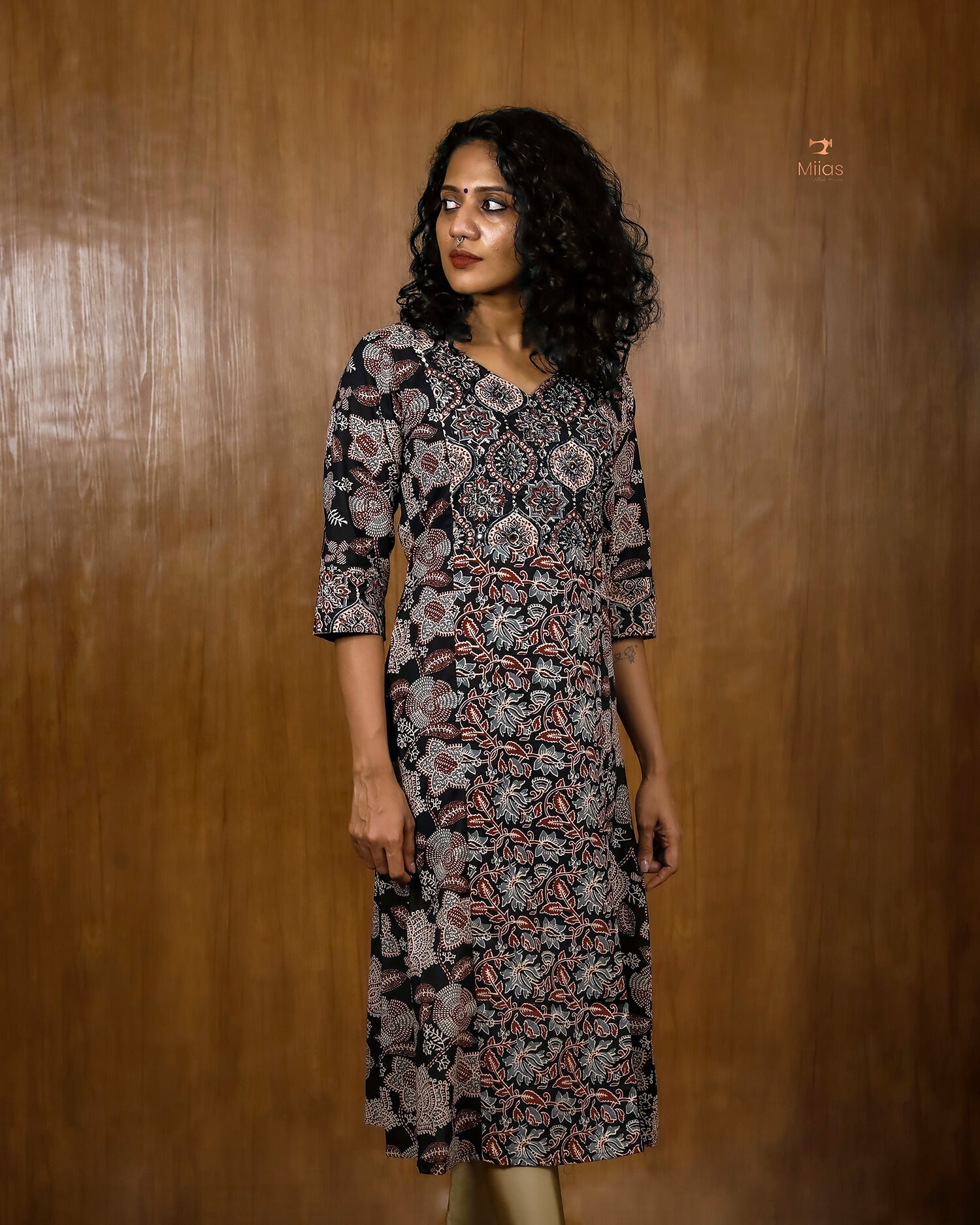Printed Cotton 3-Panel Kurti with Mirror Work & Pocket