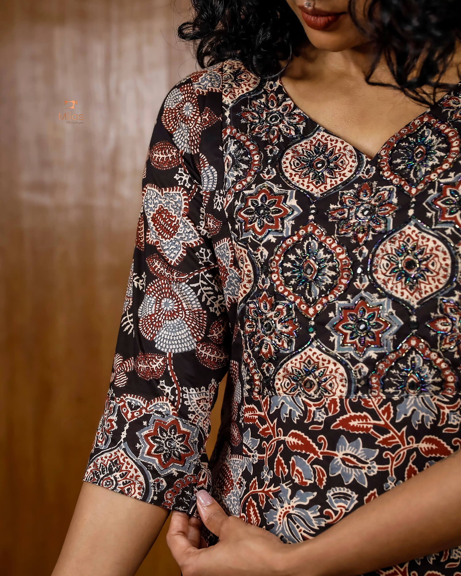 Printed Cotton 3-Panel Kurti with Mirror Work & Pocket