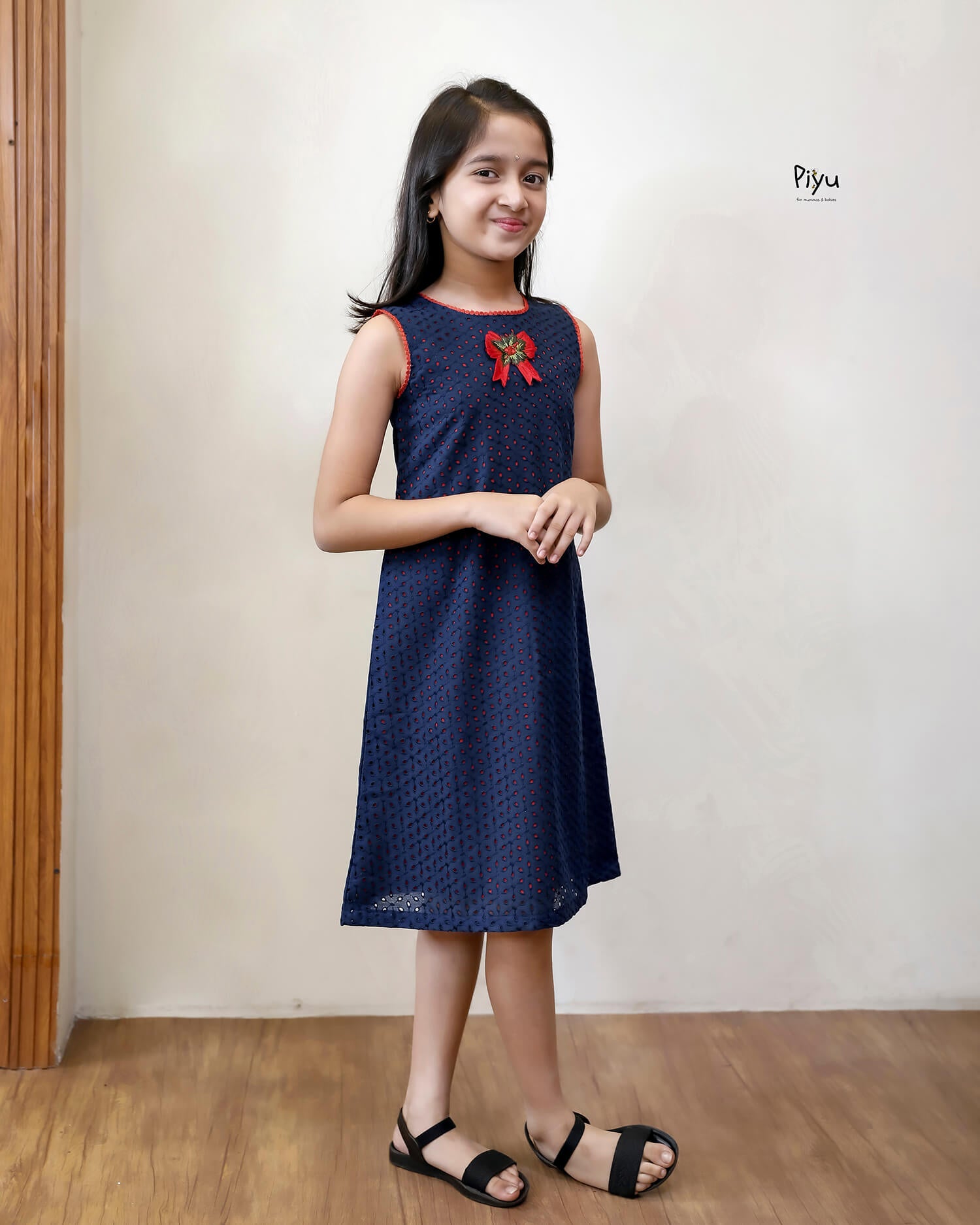 Cotton A-Line Frock: Embroidered & Lace Kids Dress-Navy Blue.