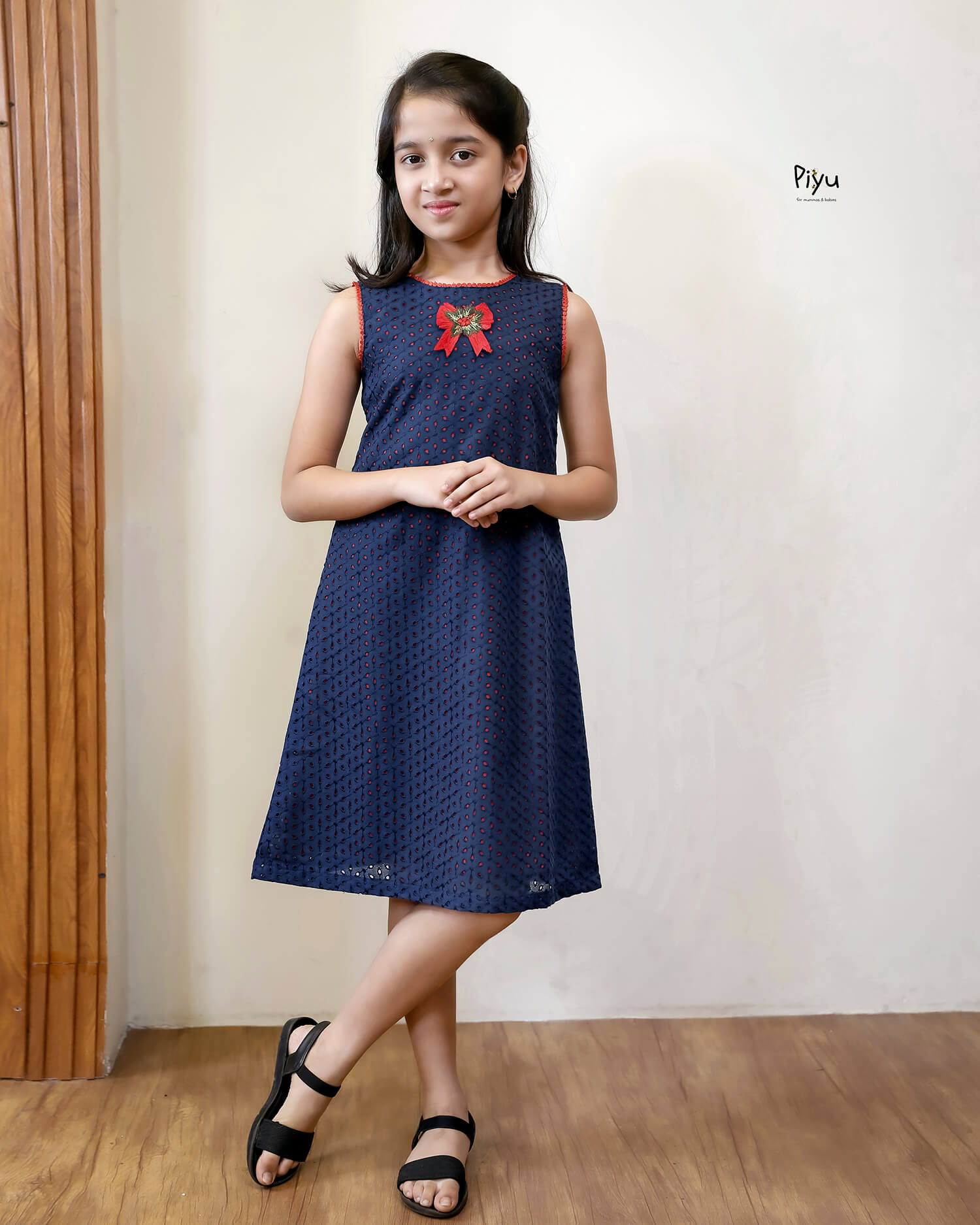 Cotton A-Line Frock: Embroidered & Lace Kids Dress-Navy Blue.