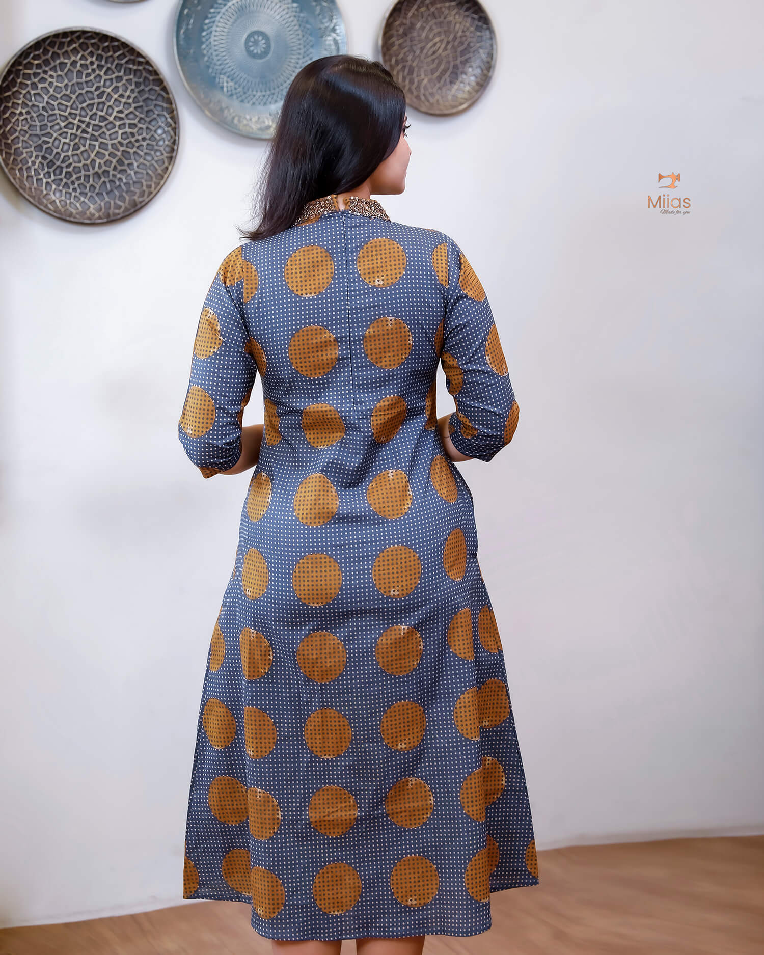Cotton Ajrakh Print Kurti Handwork Beaded Neck-Deep Blue.