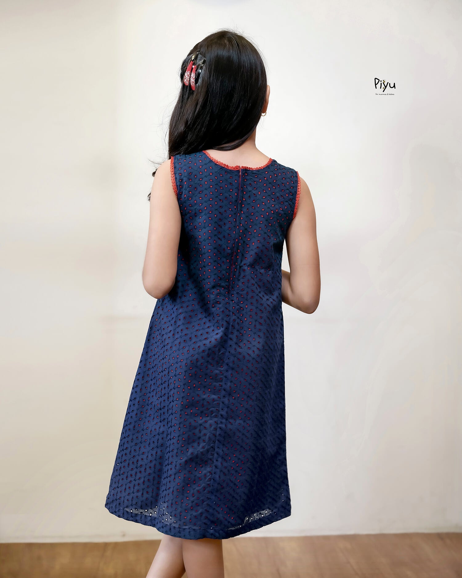 Cotton A-Line Frock: Embroidered & Lace Kids Dress-Navy Blue.