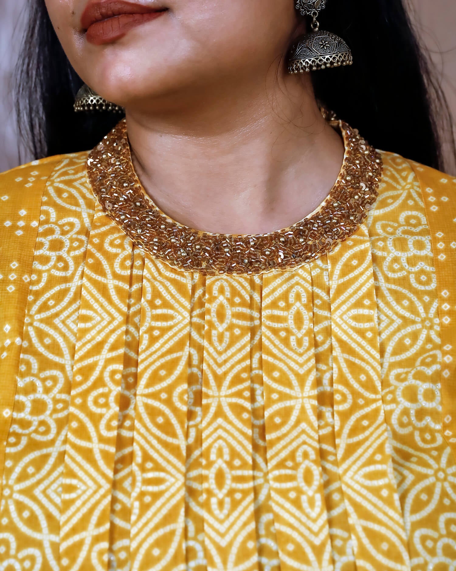 Printed Three Panel Kurti with Beaded Neck & Pocket