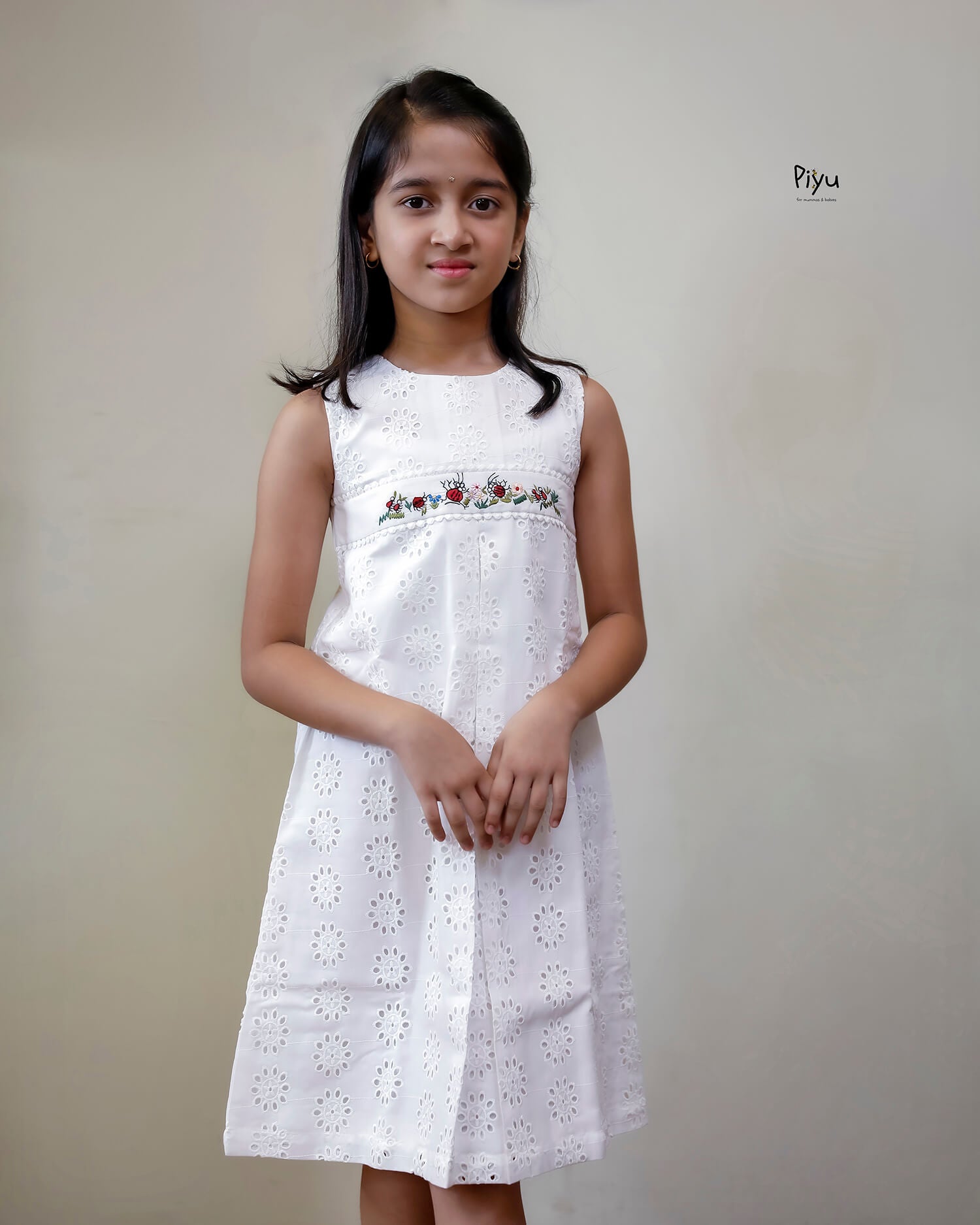 Cotton A-Line Kids Frock: Embroidered & Laced-White.