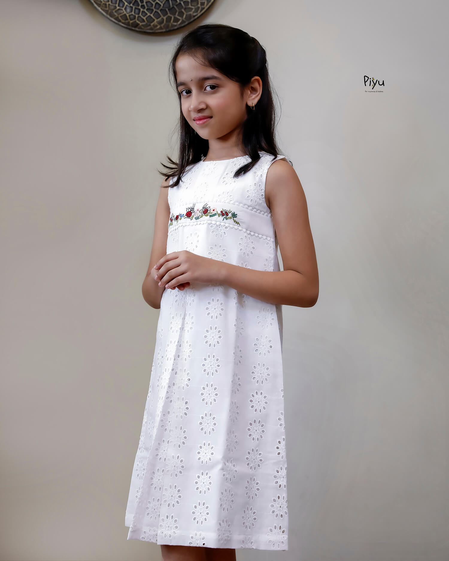 Cotton A-Line Kids Frock: Embroidered & Laced-White.