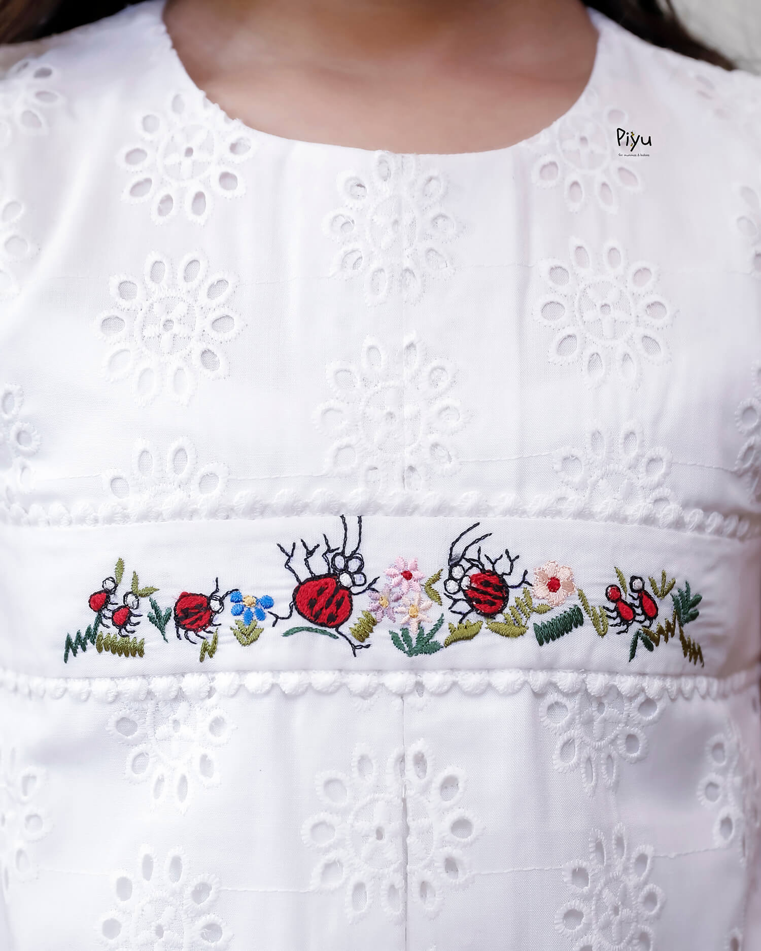 Cotton A-Line Kids Frock: Embroidered & Laced-White.