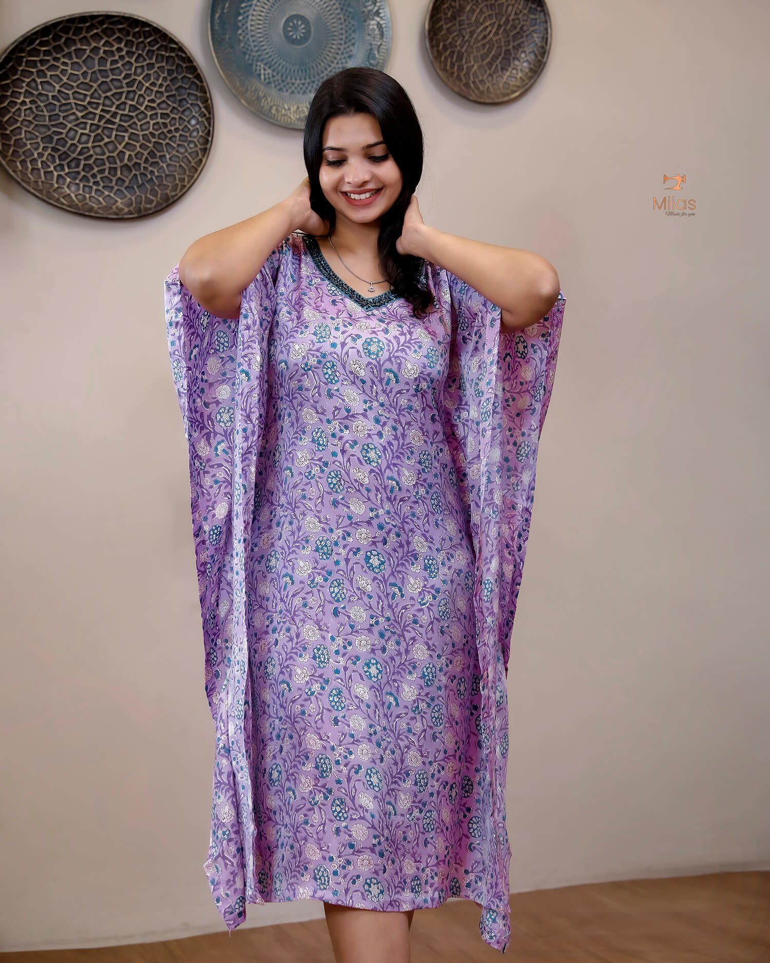 Jaipur Print Modal Silk Kaftan Stunning Beaded Neckline-Lavender Pink.