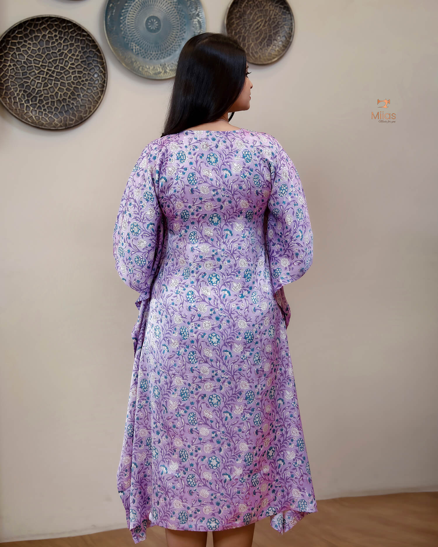Jaipur Print Modal Silk Kaftan Stunning Beaded Neckline-Lavender Pink.