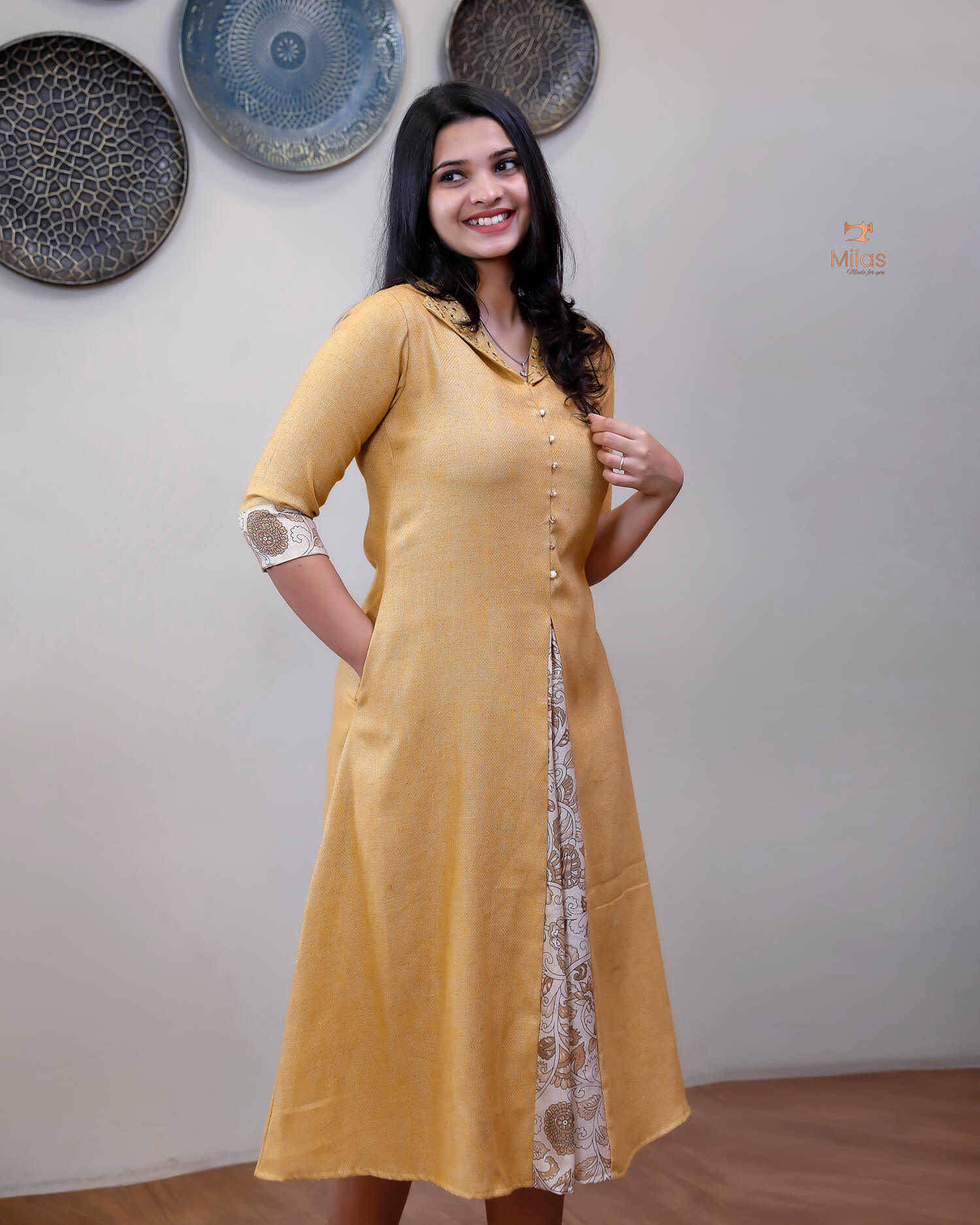 Linen Jute Kurti: Mirror Work Pleat w/ Kalamkari Patch-Light Golden Yellow.