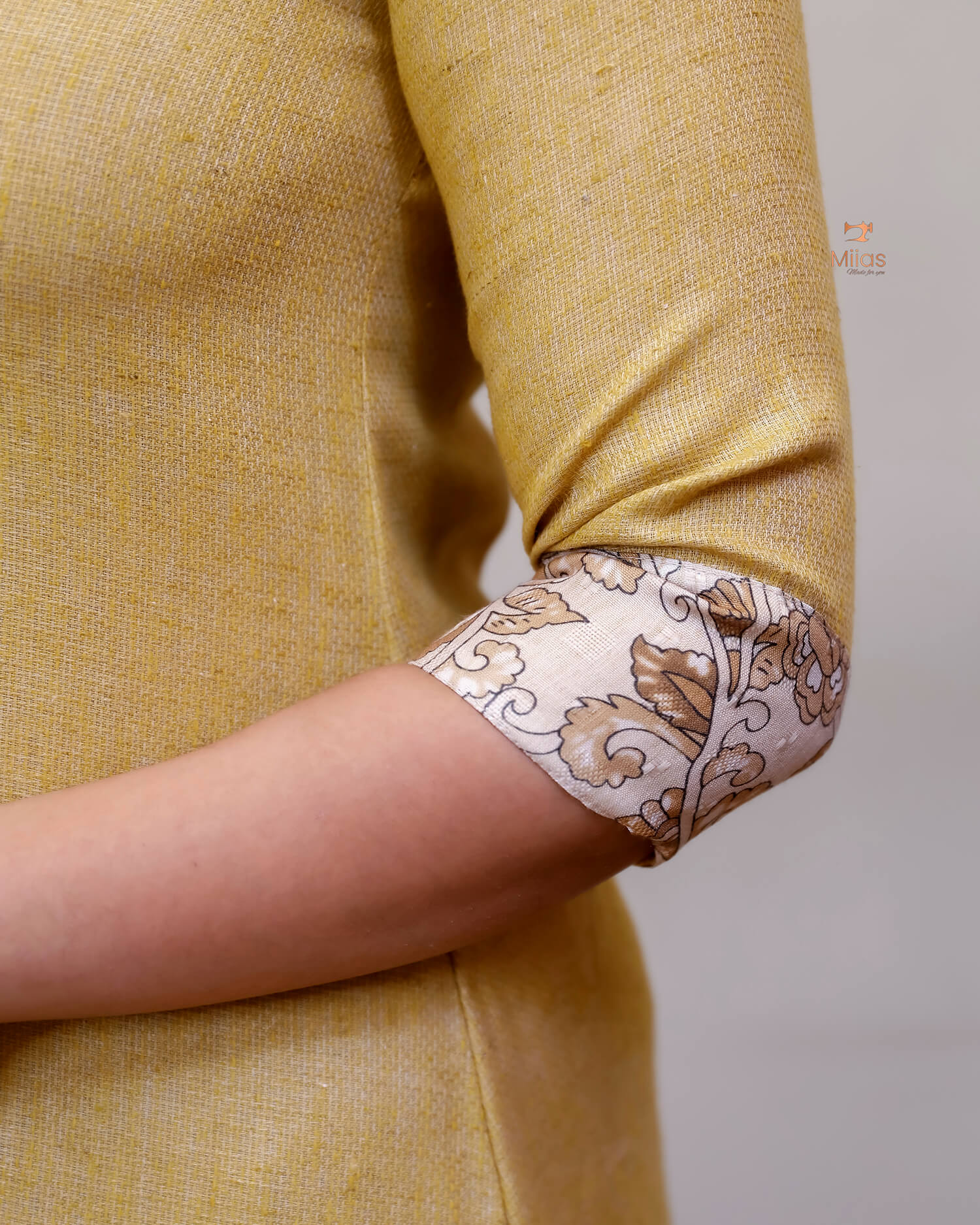 Linen Jute Kurti: Mirror Work Pleat w/ Kalamkari Patch-Light Golden Yellow.