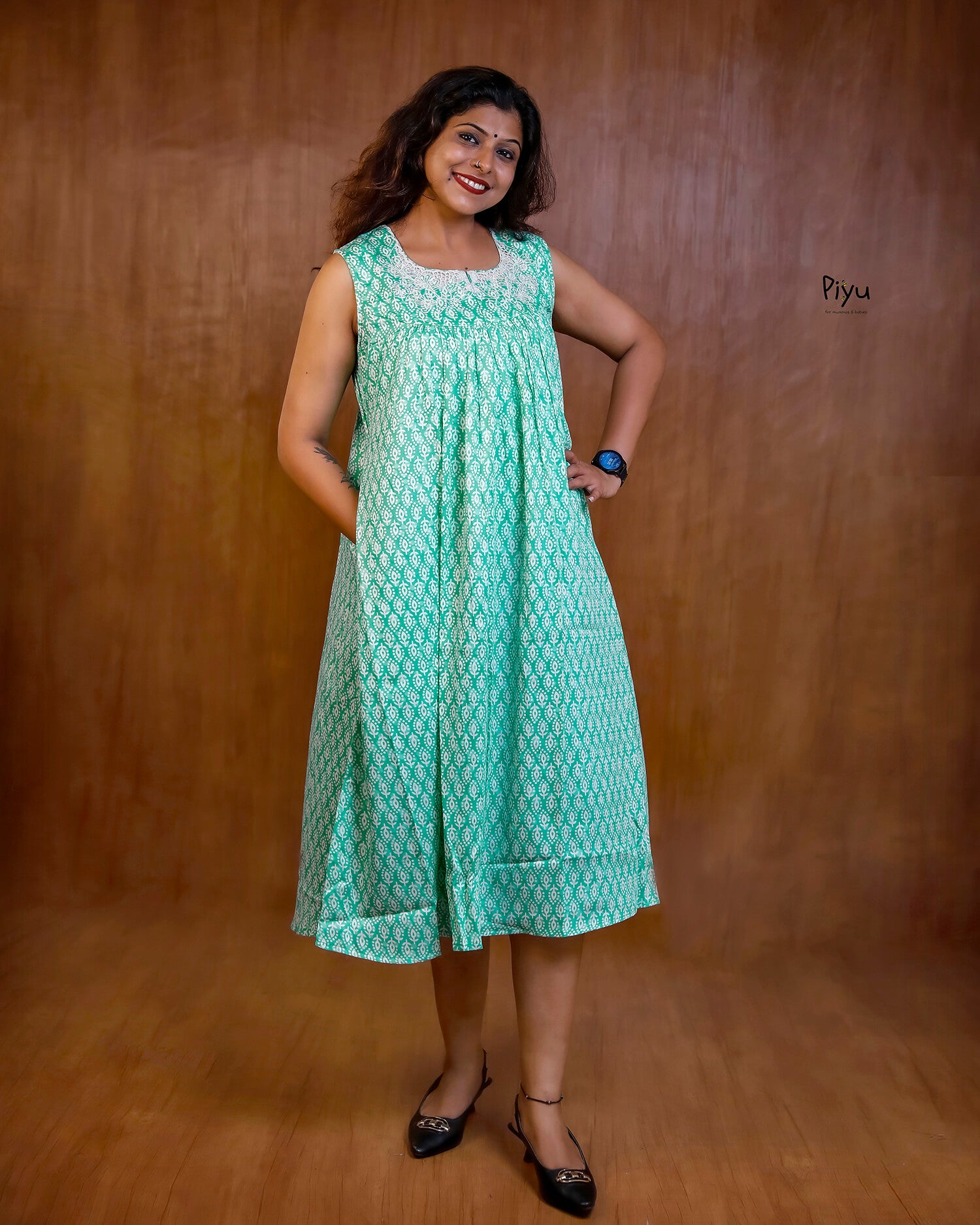 Soft Cotton Maternity Dress: Sleeveless with Cut-Work Yoke & Pocket-Aqua Green